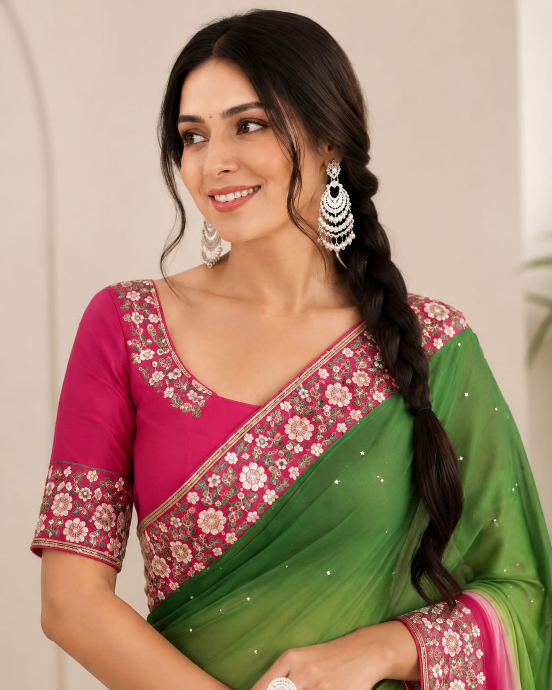 Chiffon Saree with Heavy Sequin Border & Contrast Blouse - View 2