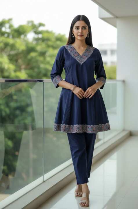 Plain Black Cord-Set With Ajrakh Border - View 4