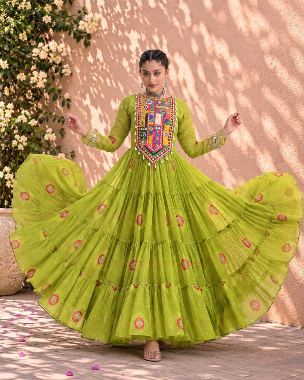 Green Georgette Navratri Special Bandhani Print Gown with Mirror Work - View 3