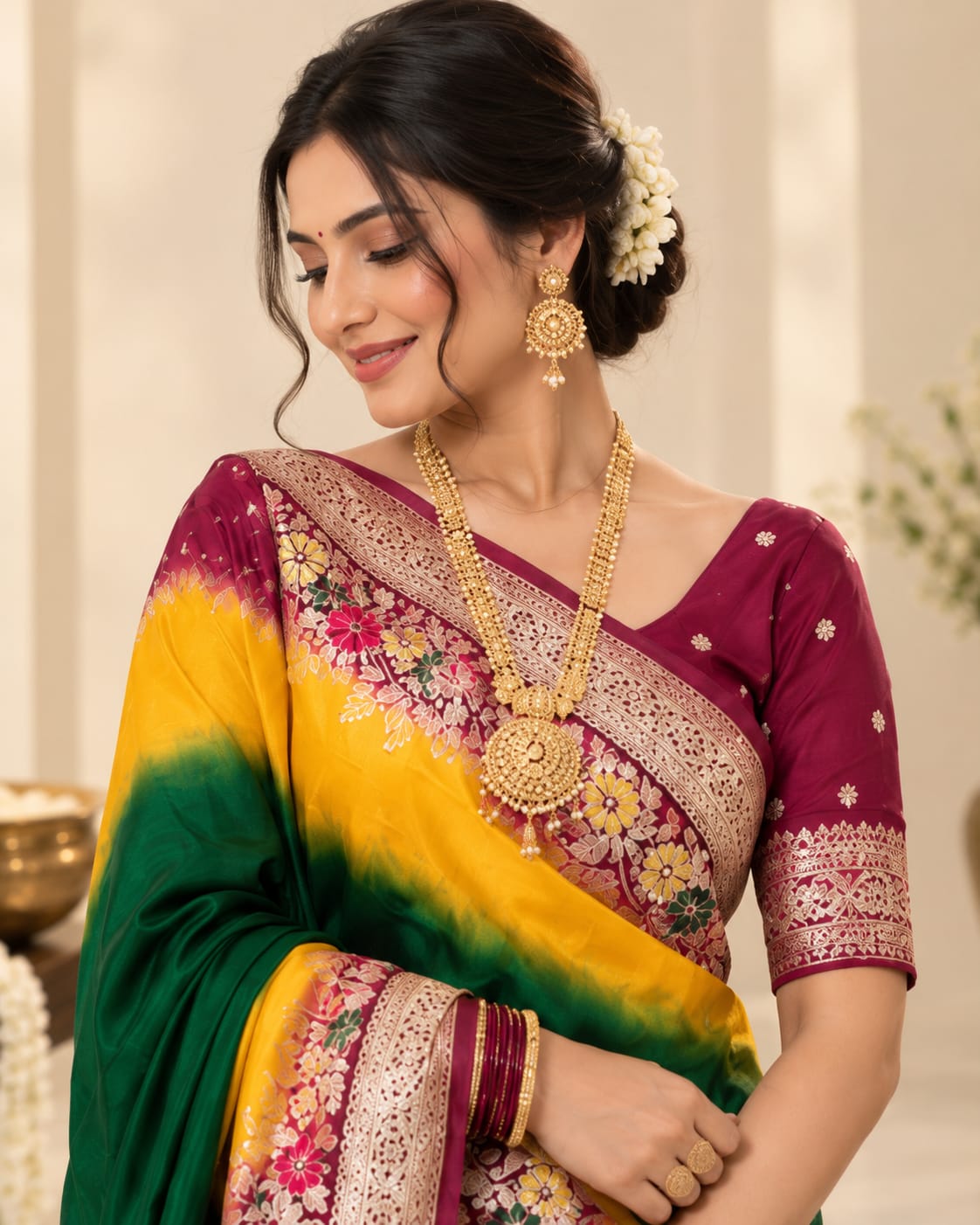 Premium Green Yellow Mix Silk Saree with Meenakari Zari Weaving - View 2