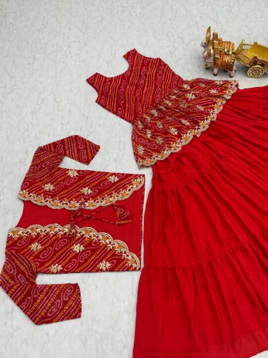 karwachauth  special Bandhej Lehenga crop top & jacket - View 3