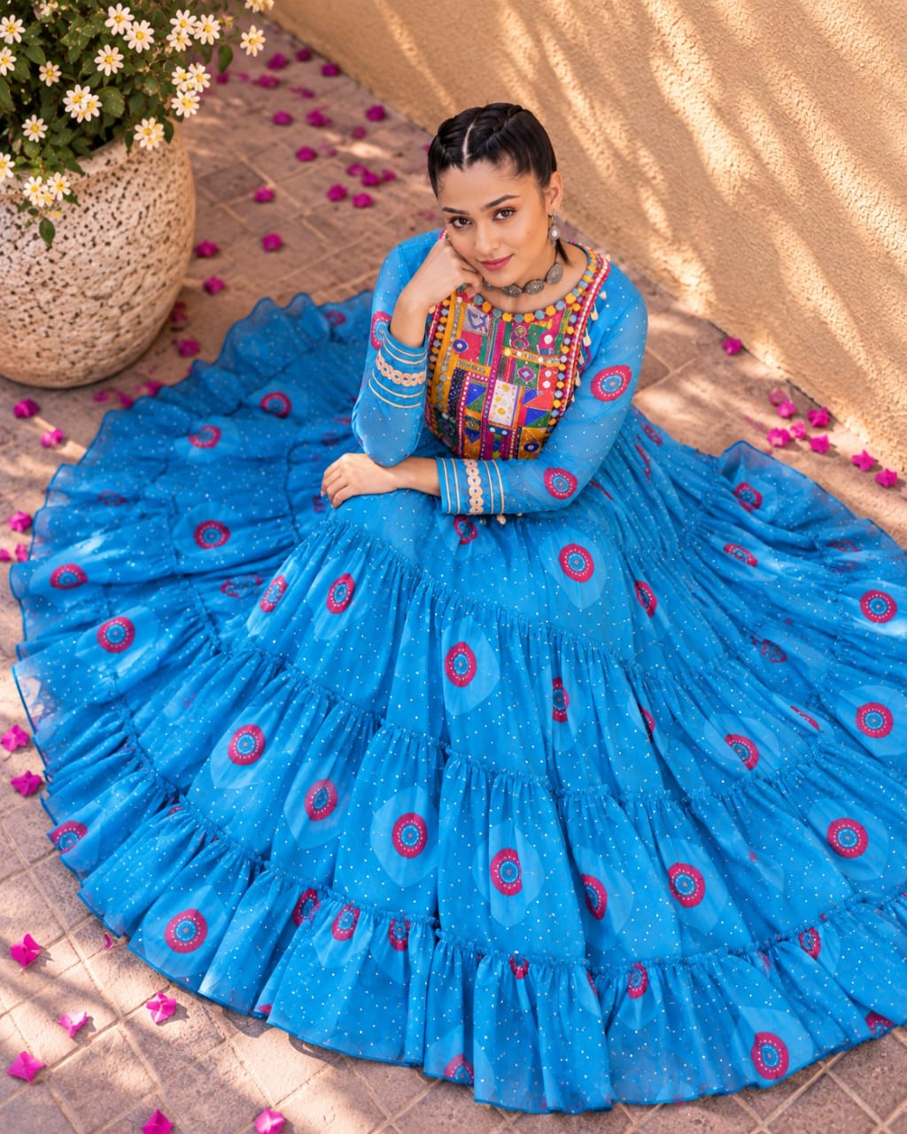 Blue Georgette Navratri Special Gown with Mirror Work Yoke - View 3