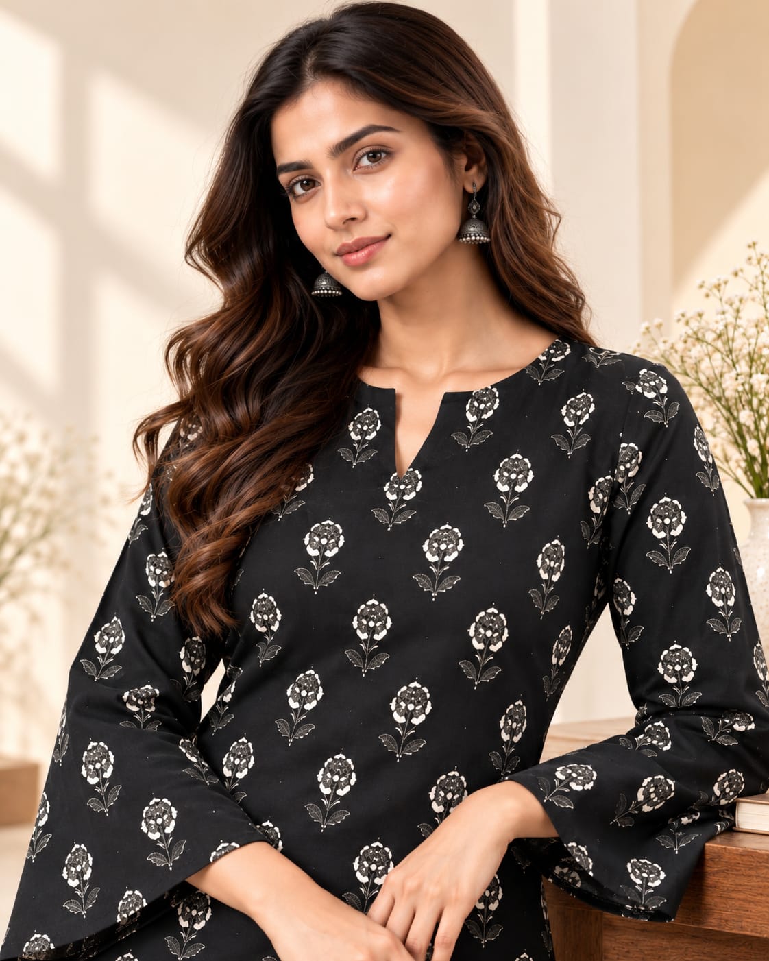 Black Floral Print Cotton Stitched Farsi Salwar Suit - View 3