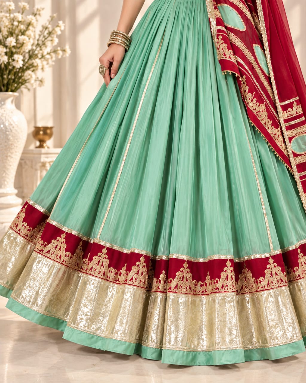 Mint Green and Maroon Navratri Special Rayon Lehenga Choli Set - View 2