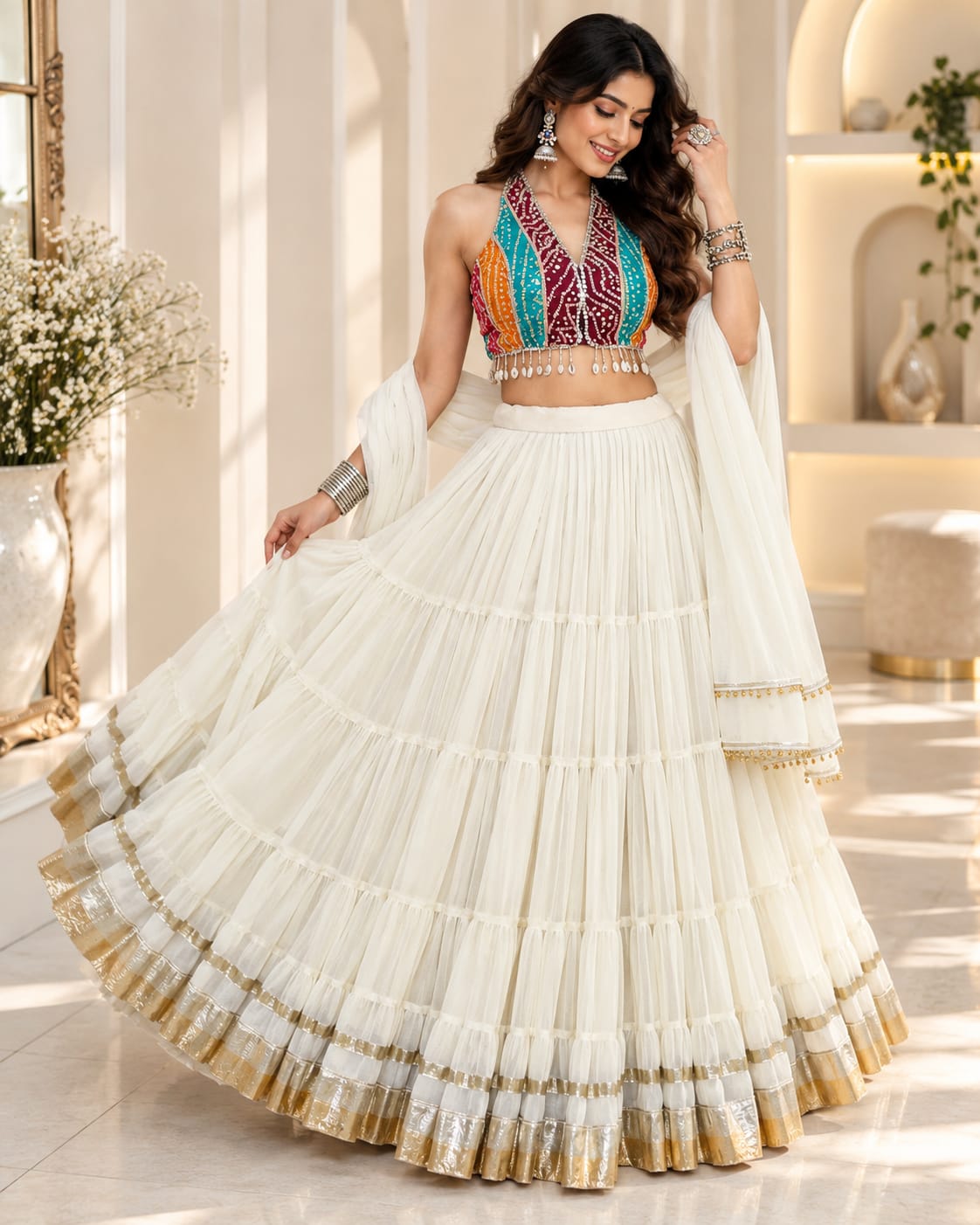 White Navratri Special Lehenga Choli with Bandhani Print Blouse - View 1