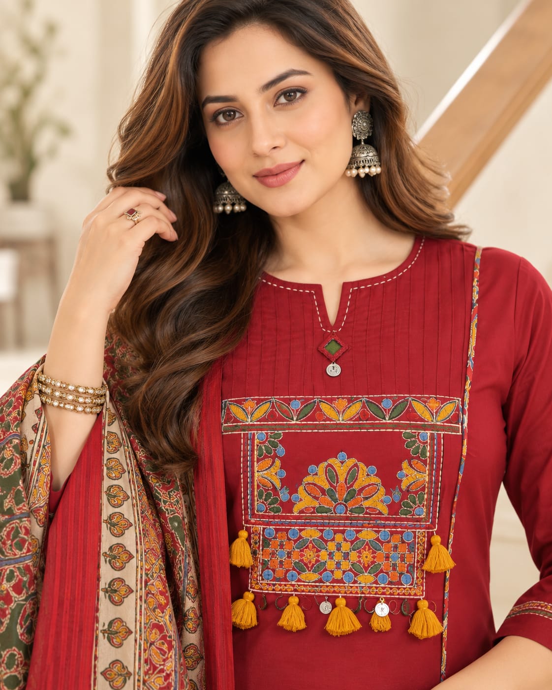 3-Piece Premium Cotton Embroidered Kurti Suit Set with Dupatta - View 3