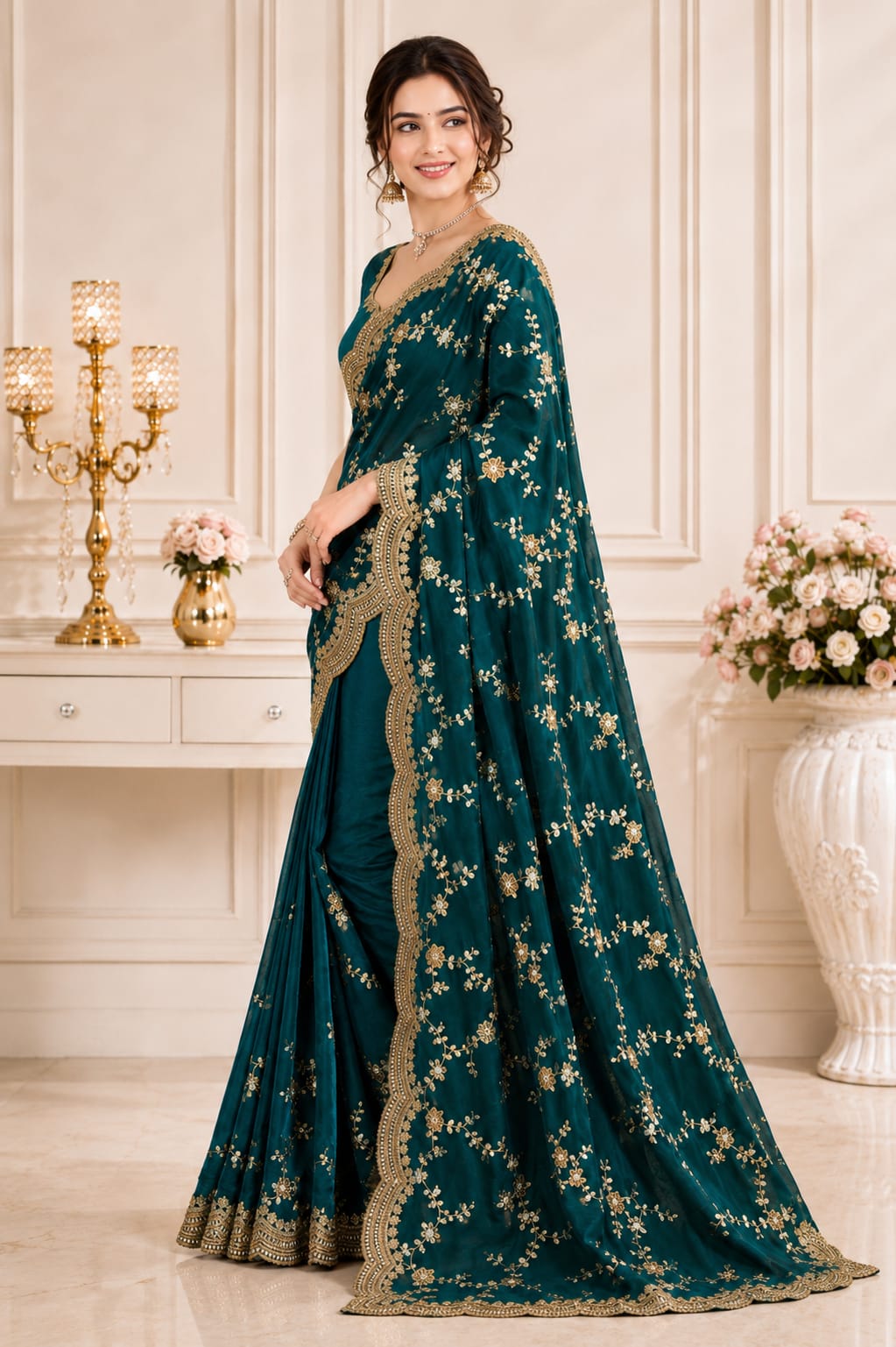 Fandy Silk Designer Saree In Deep Teal Shade - View 3