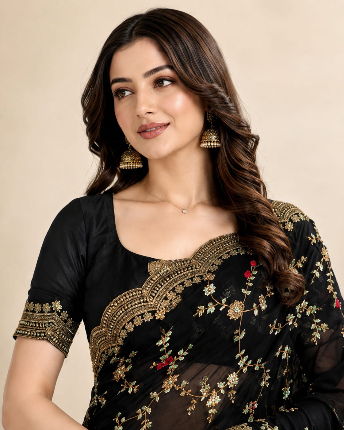 Black Fandy Silk Designer Saree with Stitched Blouse - View 2
