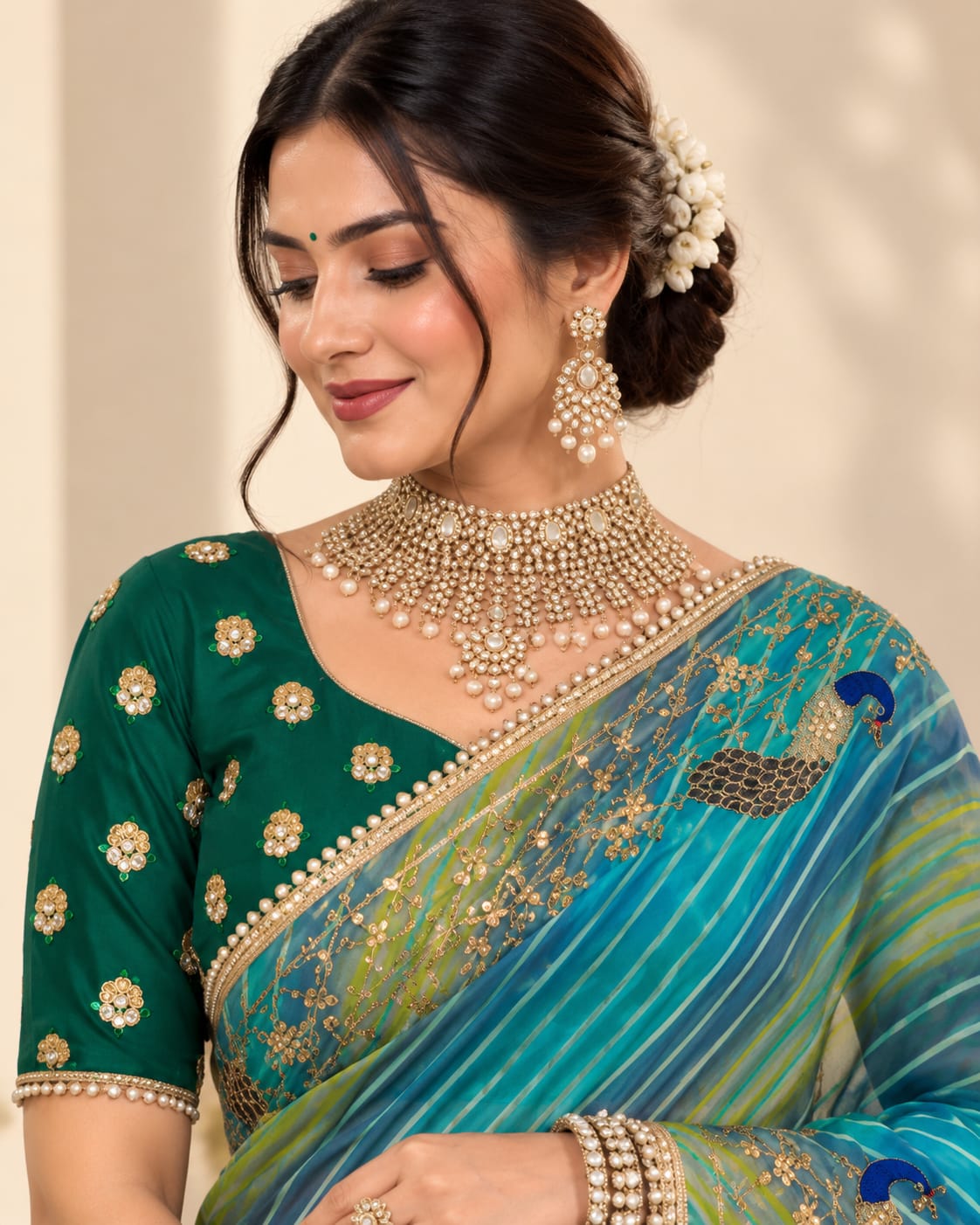 Blue & Green Leheriya Georgette Saree with Peacock Motifs | No Blouse - View 2