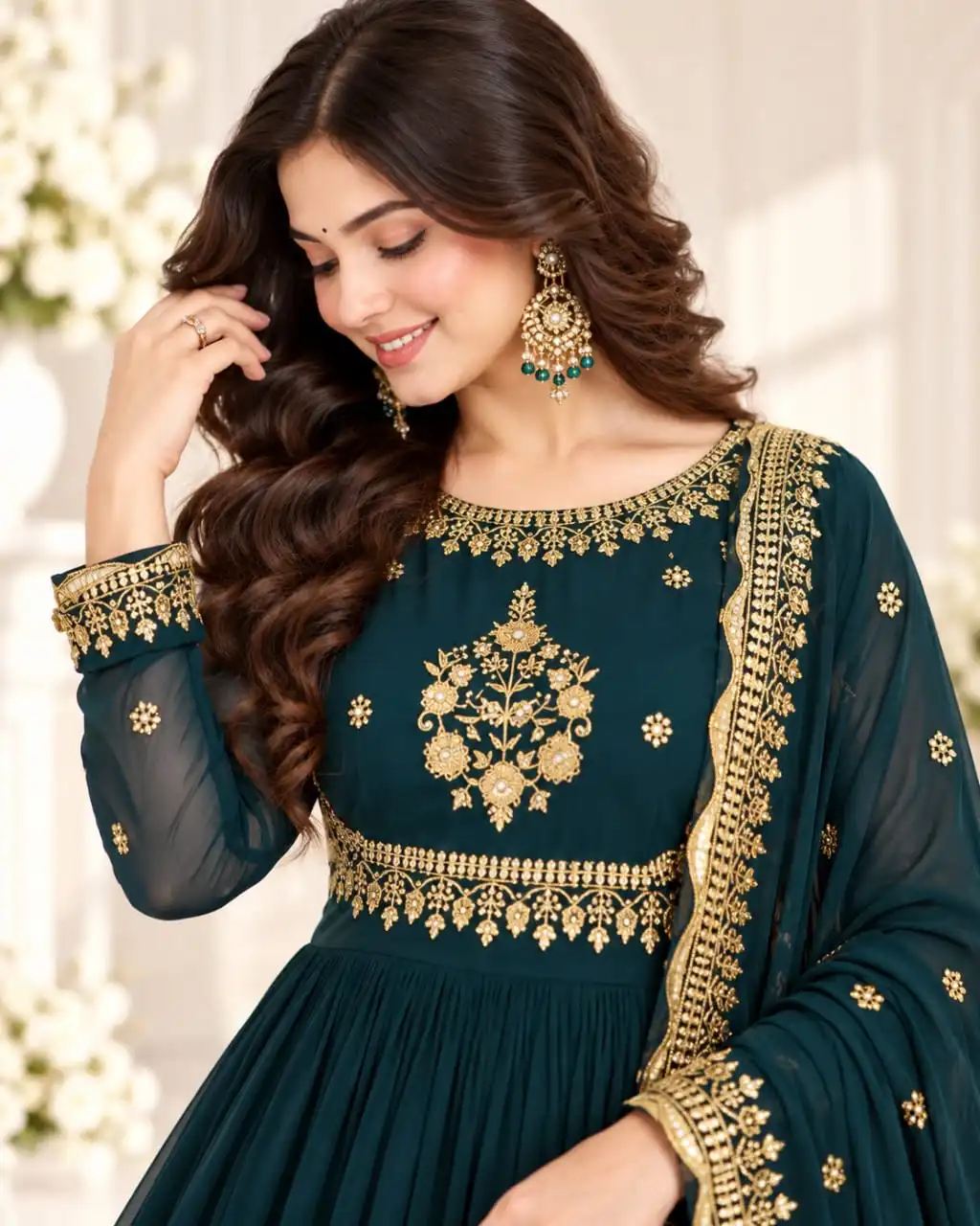 Dark Teal Faux Georgette Embroidered Gown Set | Designer Readymade Gown - View 2