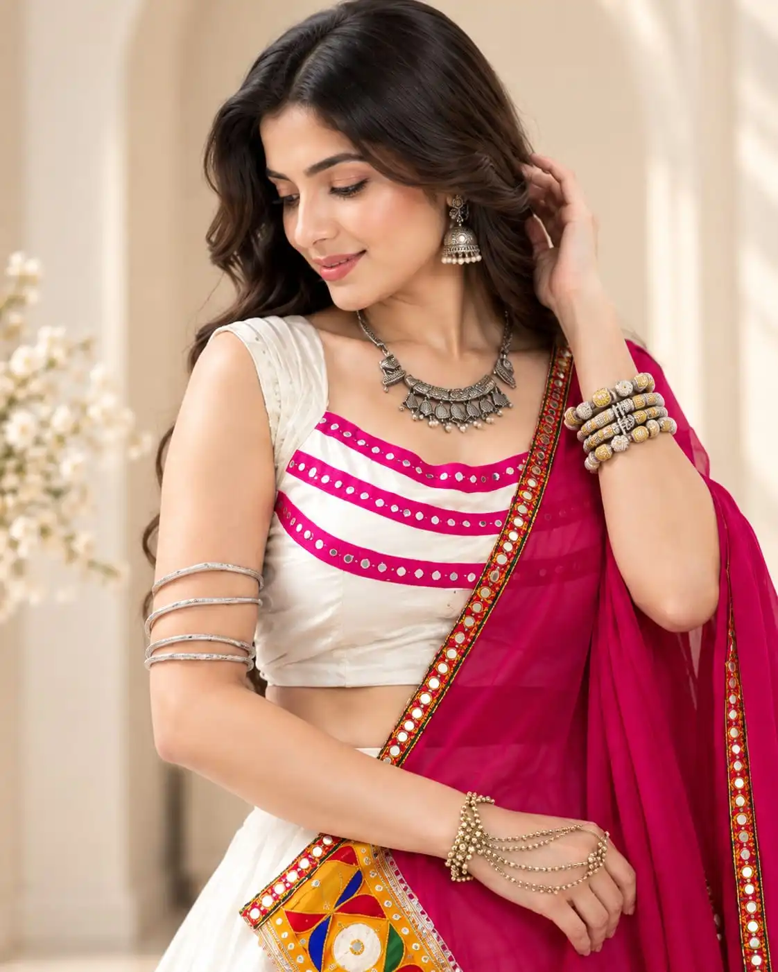 Off-White & Magenta Rayon Lehenga Choli Set - View 2