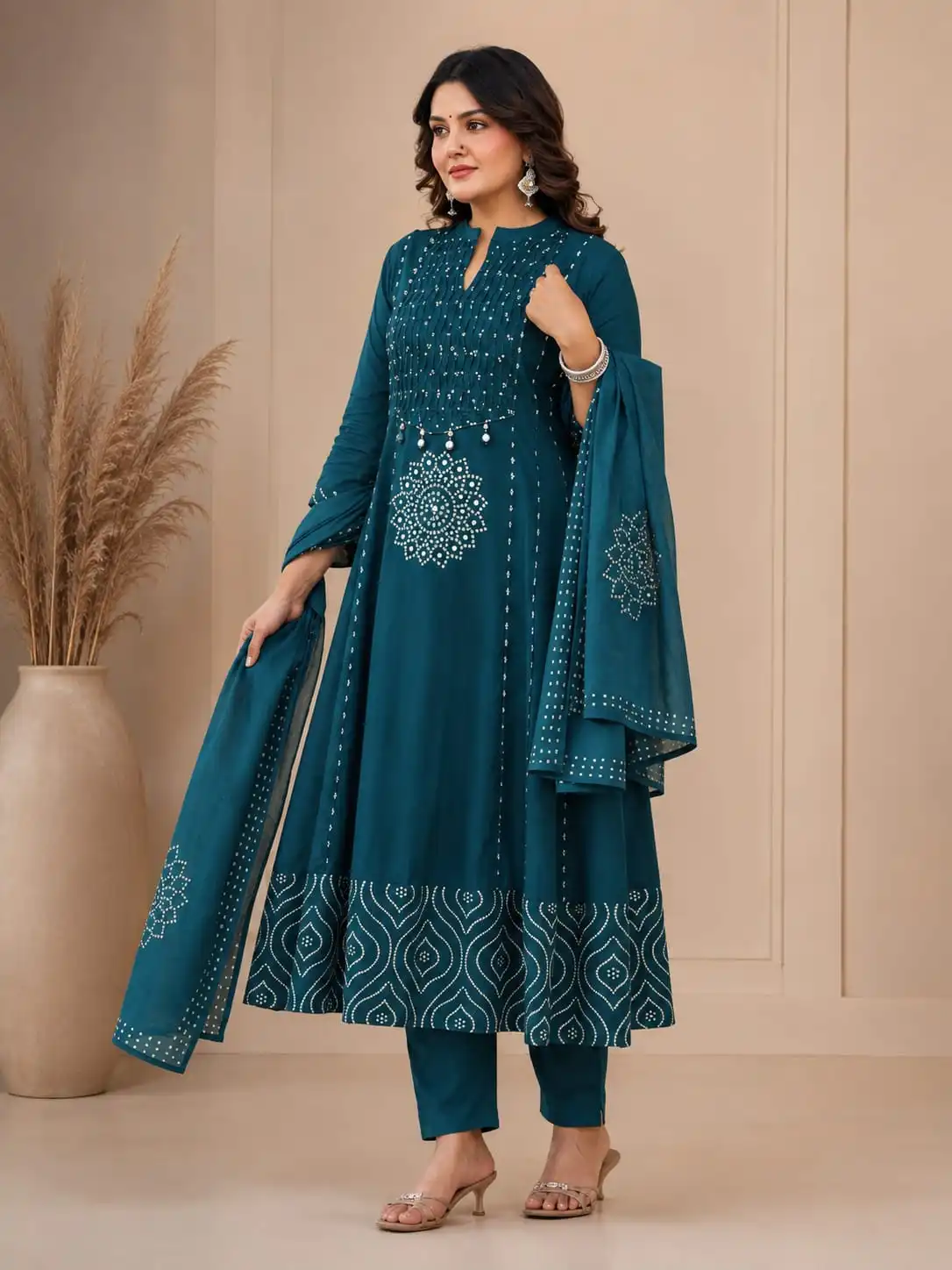 Printed Cotton Anarkali Suit With Dupatta In Teal Colour