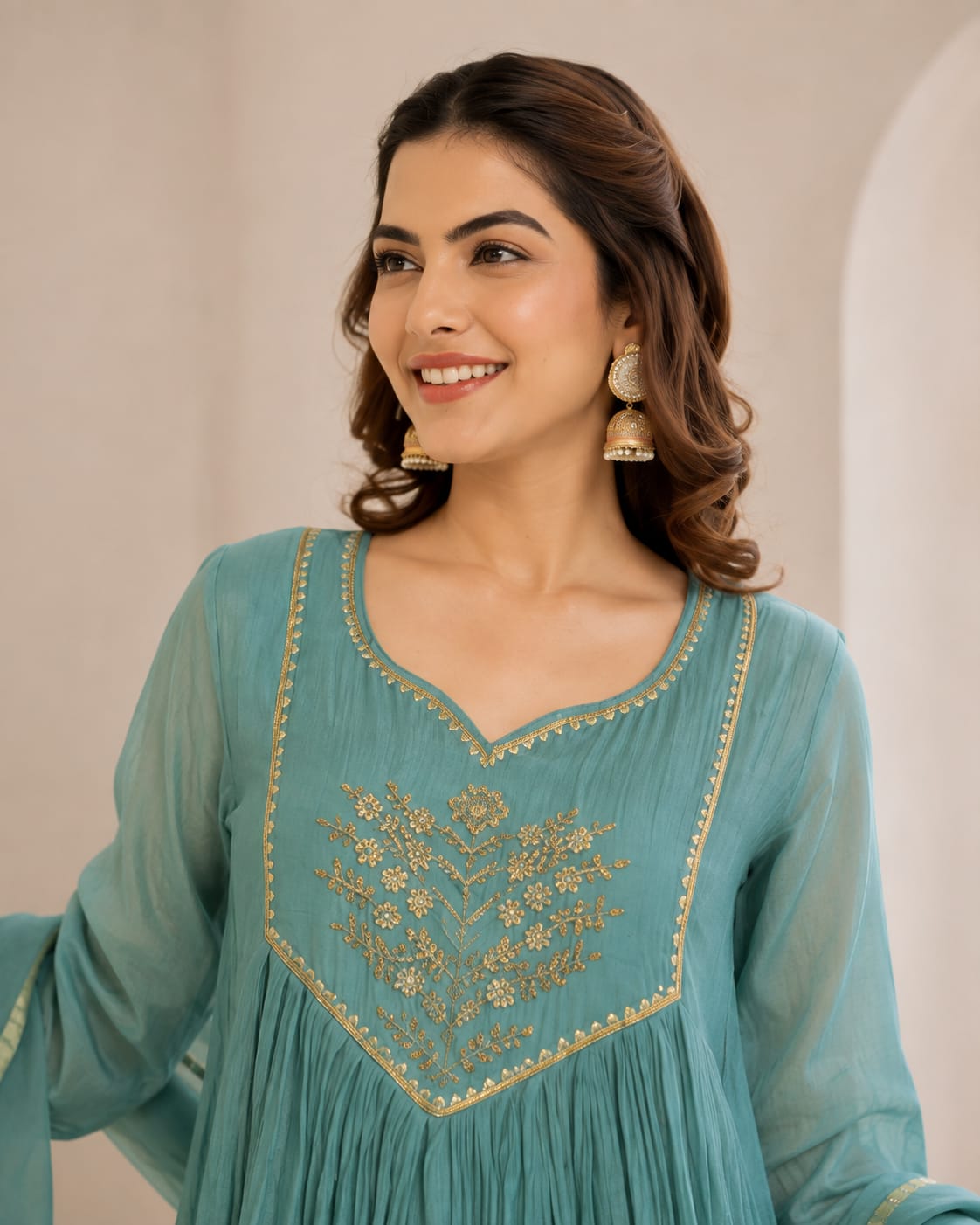 Designer Anarkali Suit Set with Chanderi Dupatta. - View 2