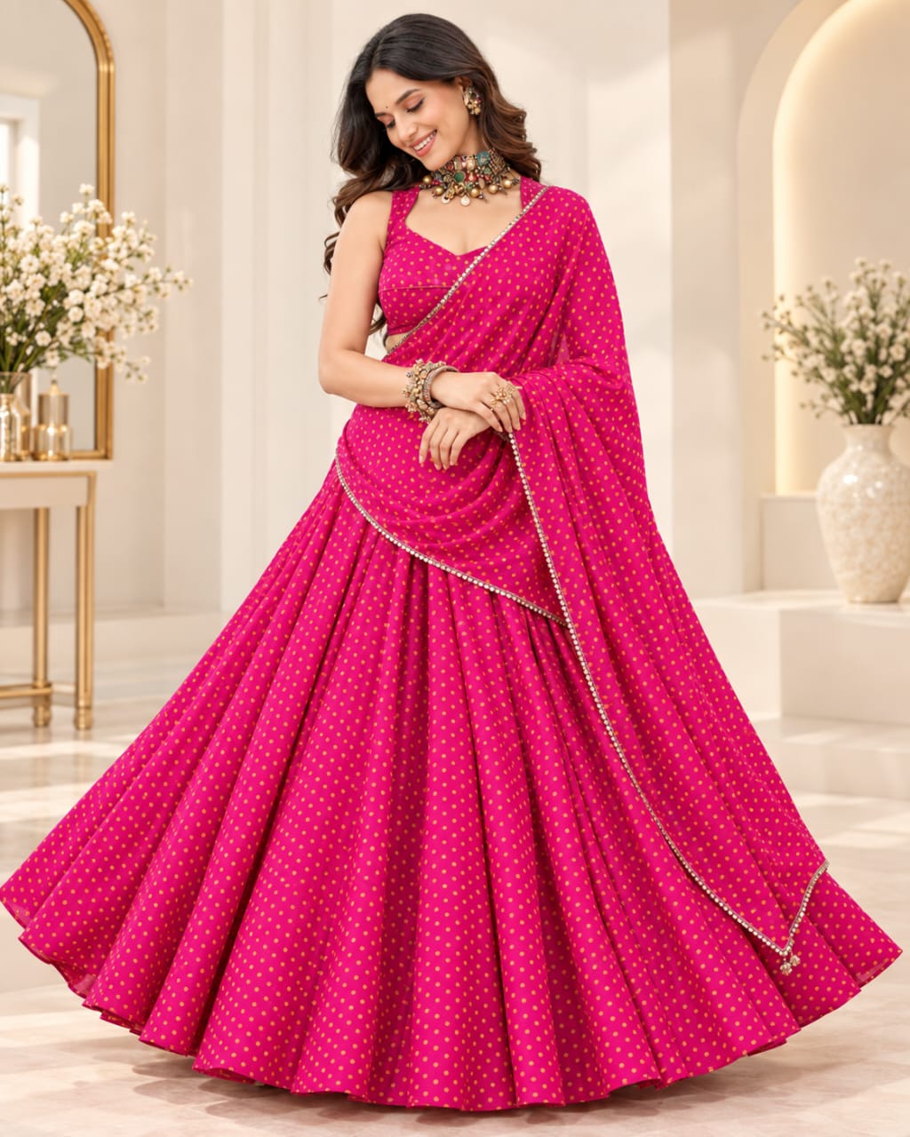 Pink Rich Chinon Navratri Special Lehenga Choli with Dupatta - View 1