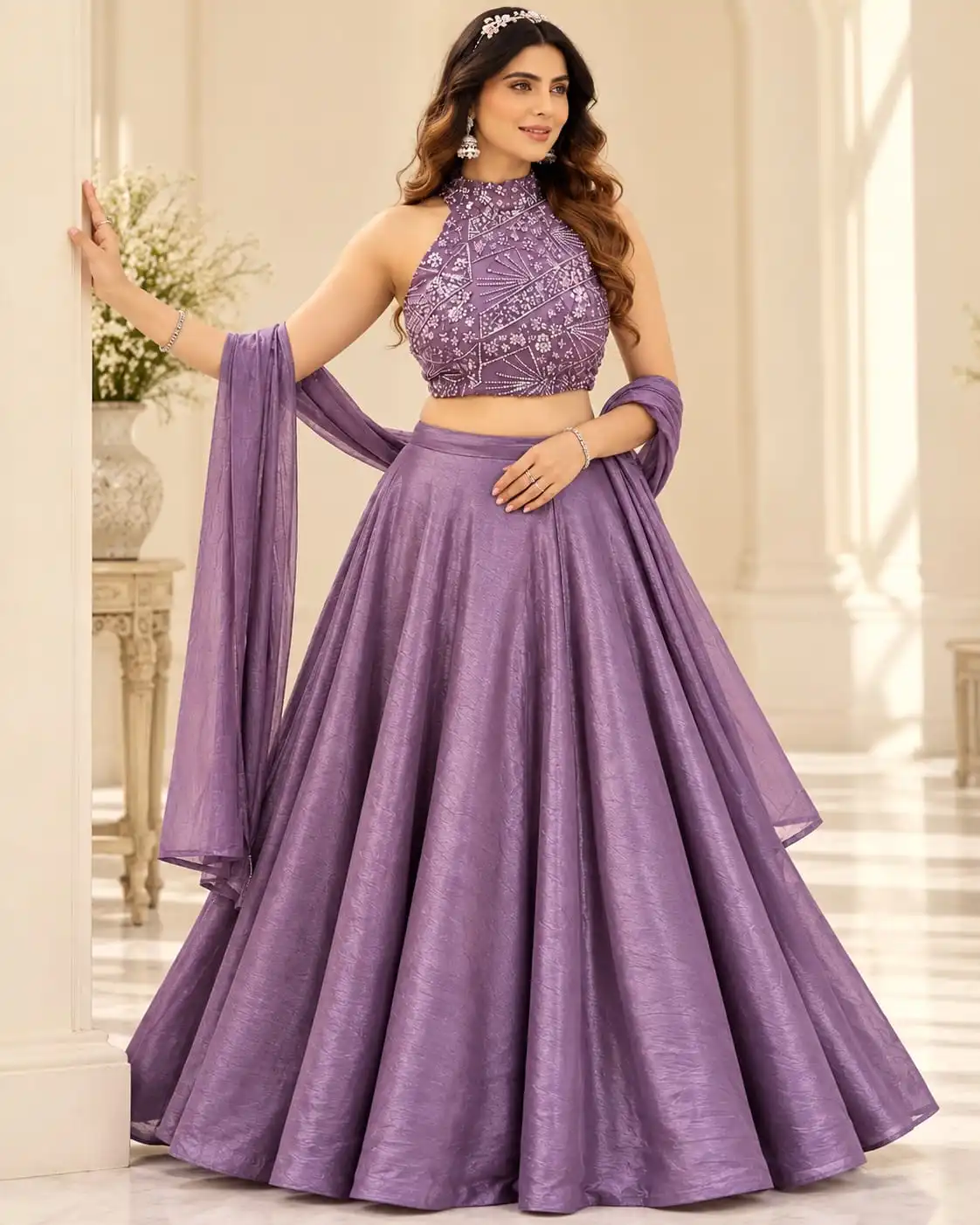 Purple Fendy Silk Beads Work Halter Neck Lehenga Set - View 3