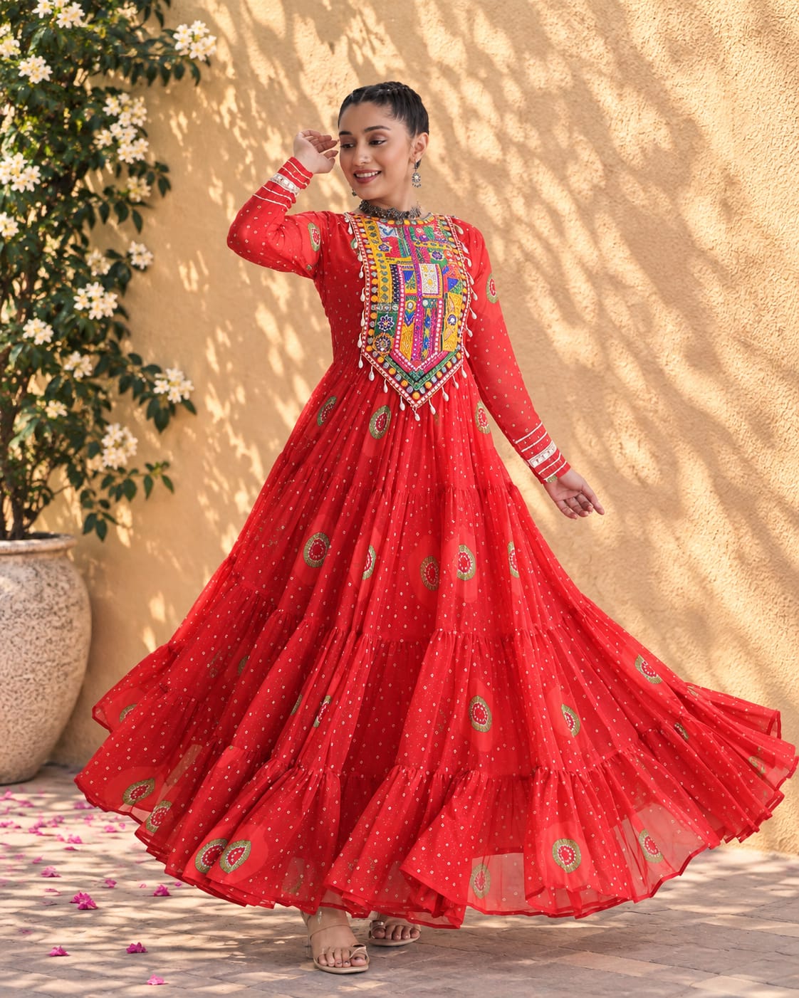 Red Georgette Bandhani Print Navratri Gown with Mirror Work - View 2