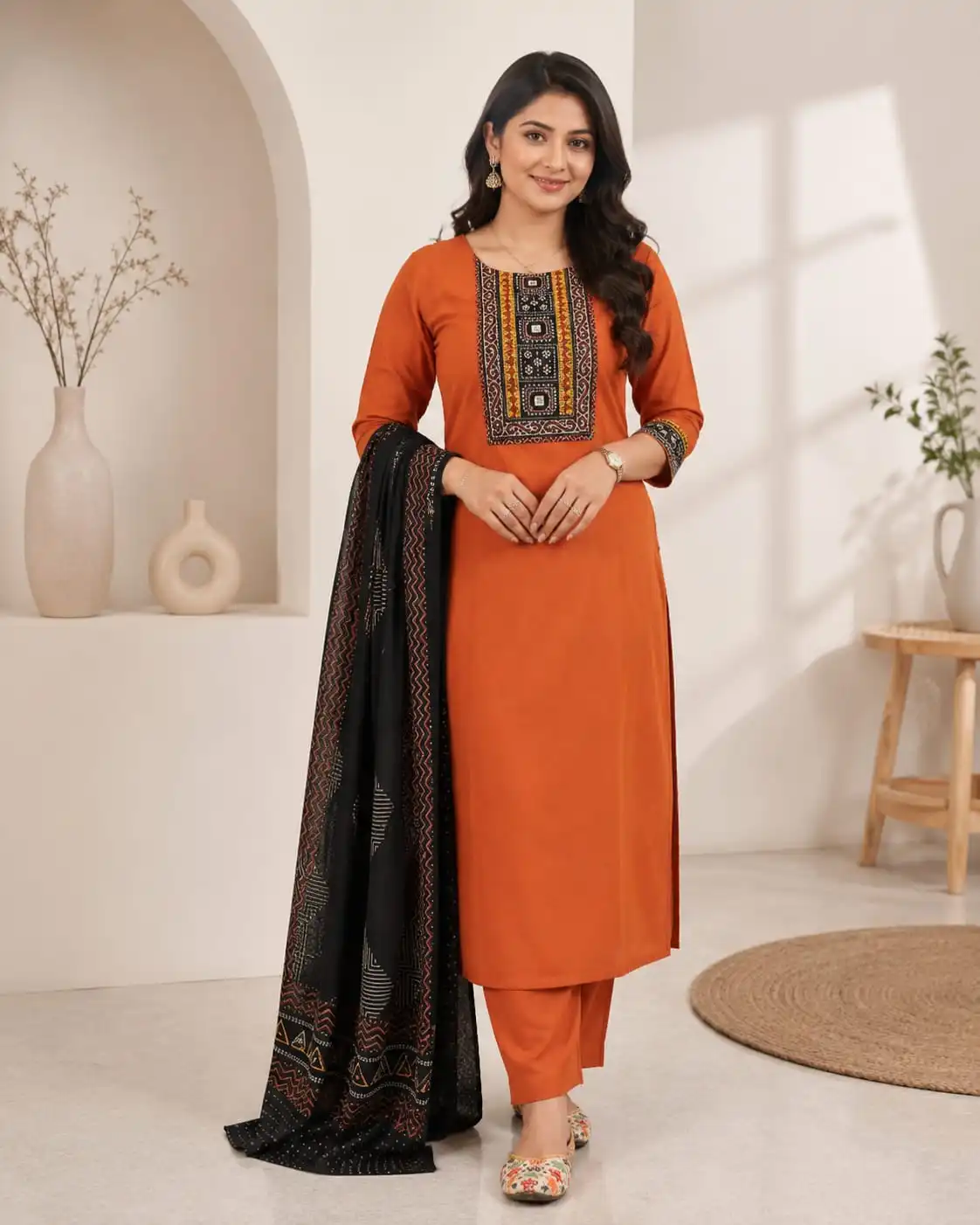 3-Piece Orange Pure Cotton Kurti Set with Black Dupatta