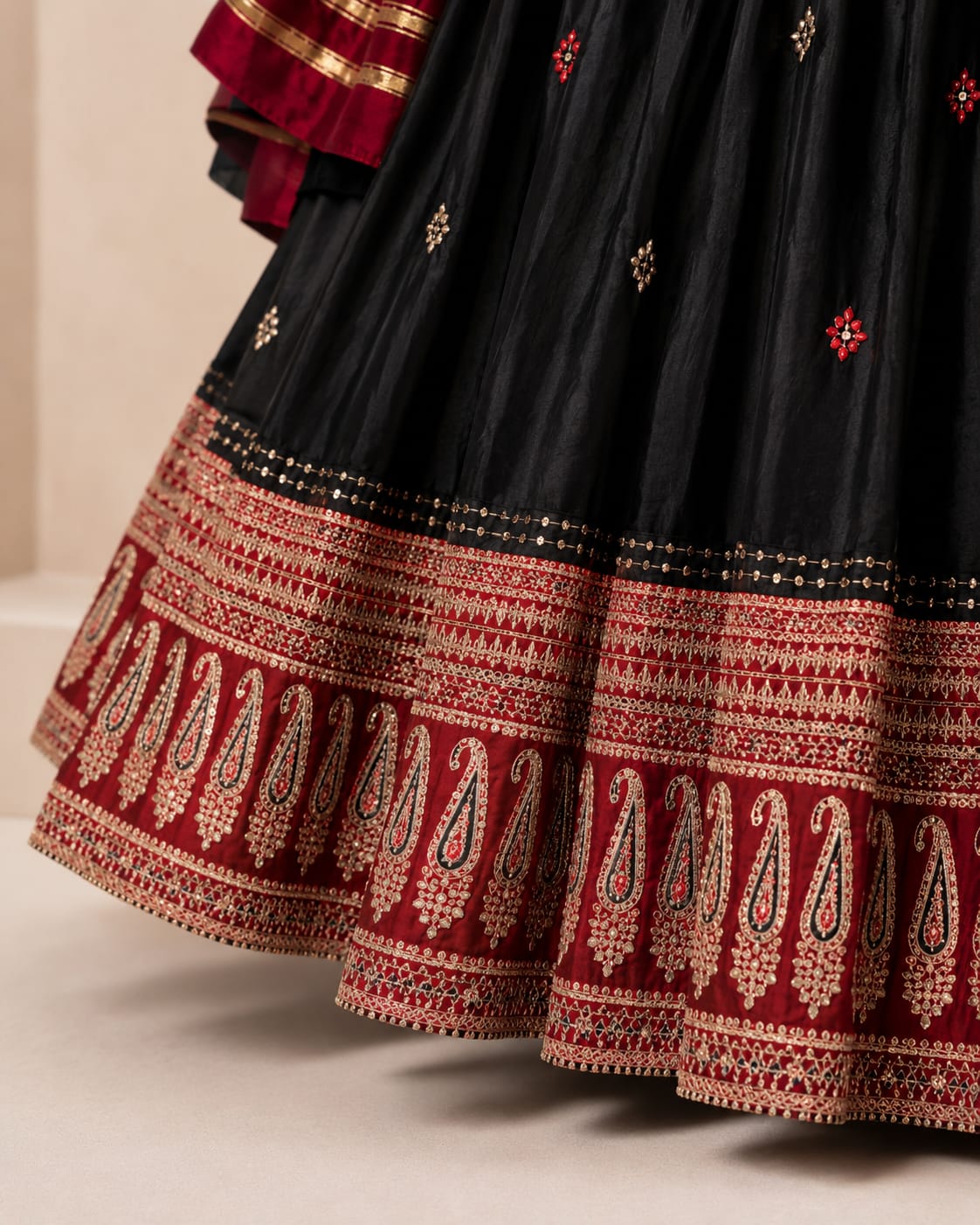 Black Pure Cotton Chaniya Choli with Ajrakh Border Skirt - View 2