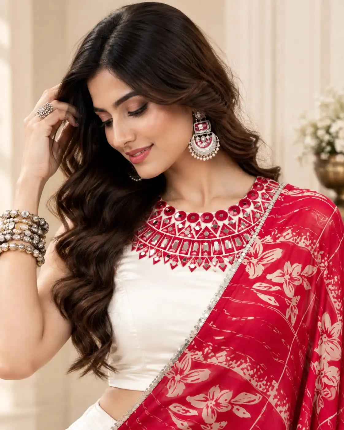 Off-White & Red Rayon Tasar Silk Navratri Lehenga Choli Set - View 2
