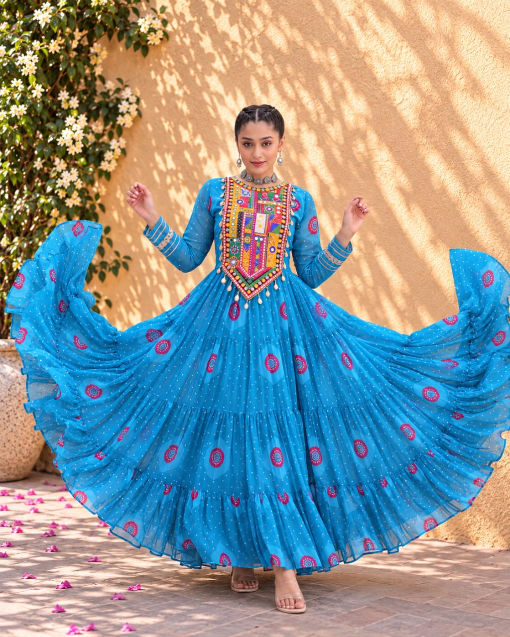 Blue Georgette Navratri Special Gown with Mirror Work Yoke - View 2