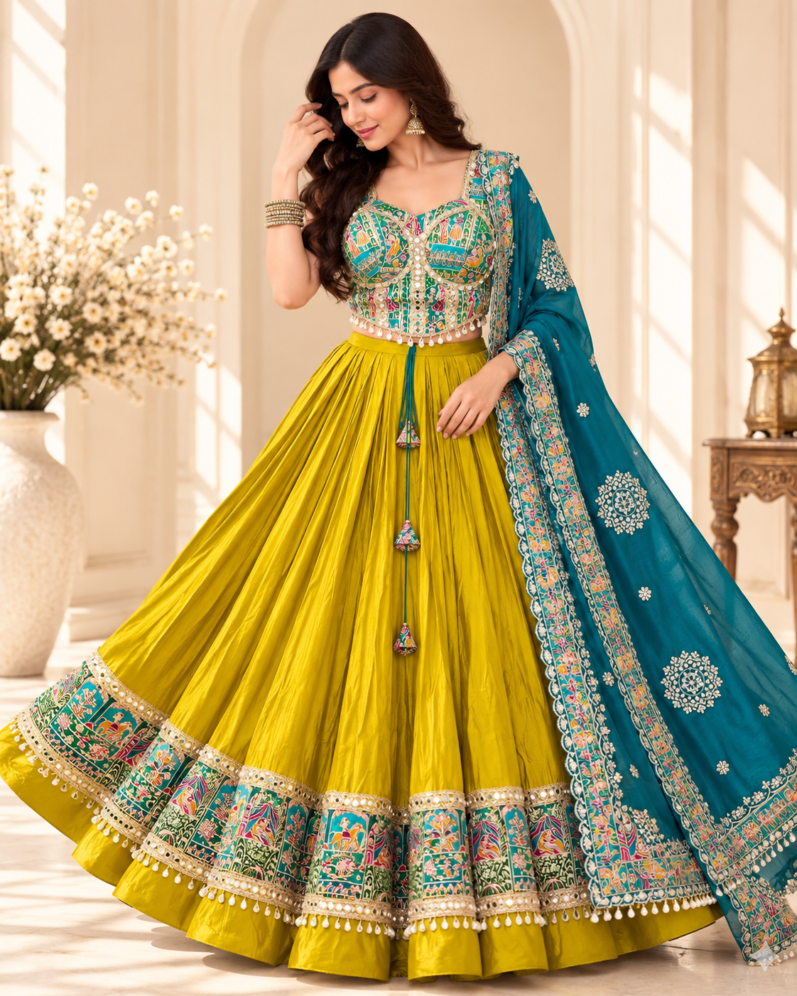 Mustard & Teal Heavy Roman Cotton  Lehenga Choli Set