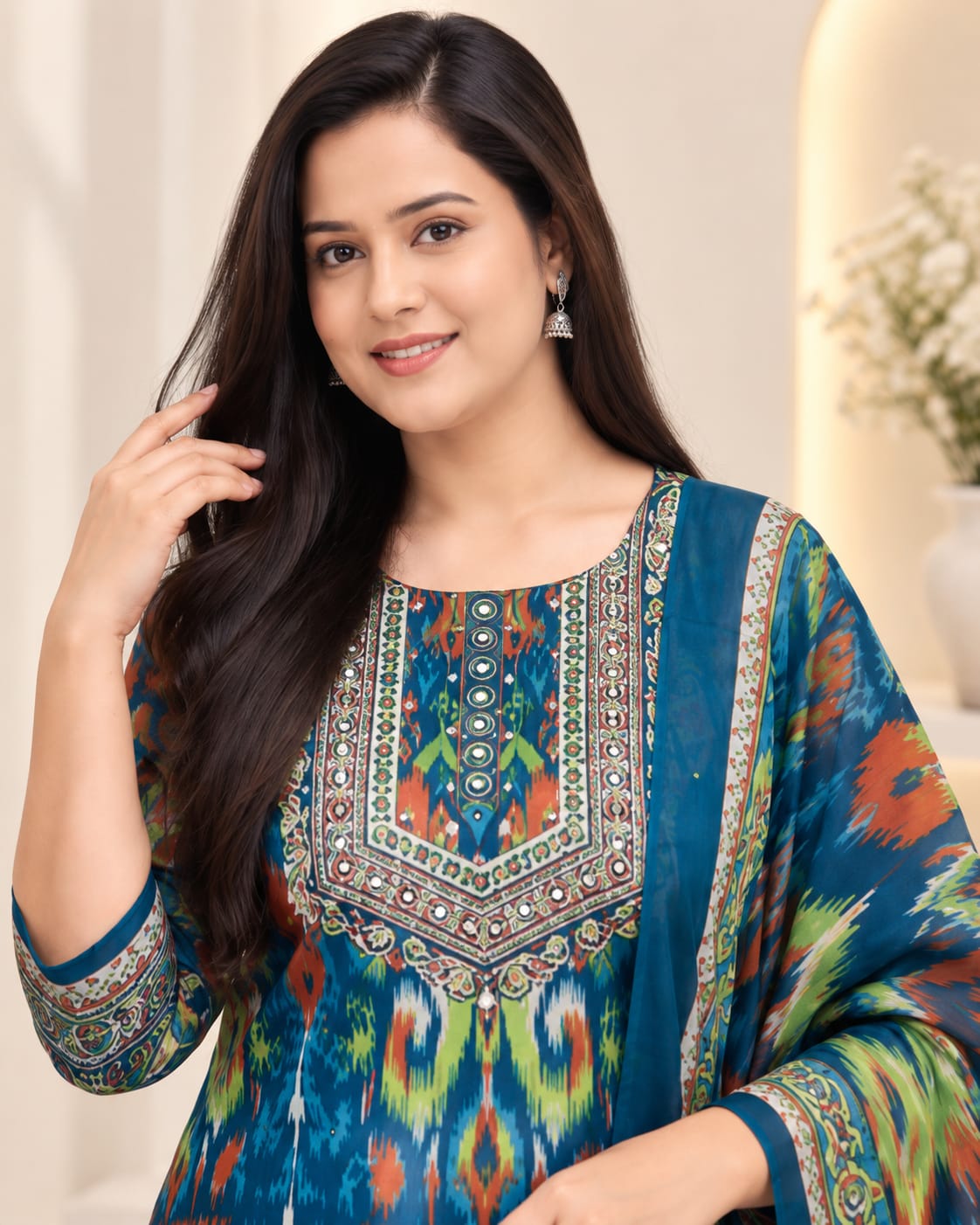 Blue Kanchi Cotton Printed Suit Set with Jacquard Dupatta - View 3