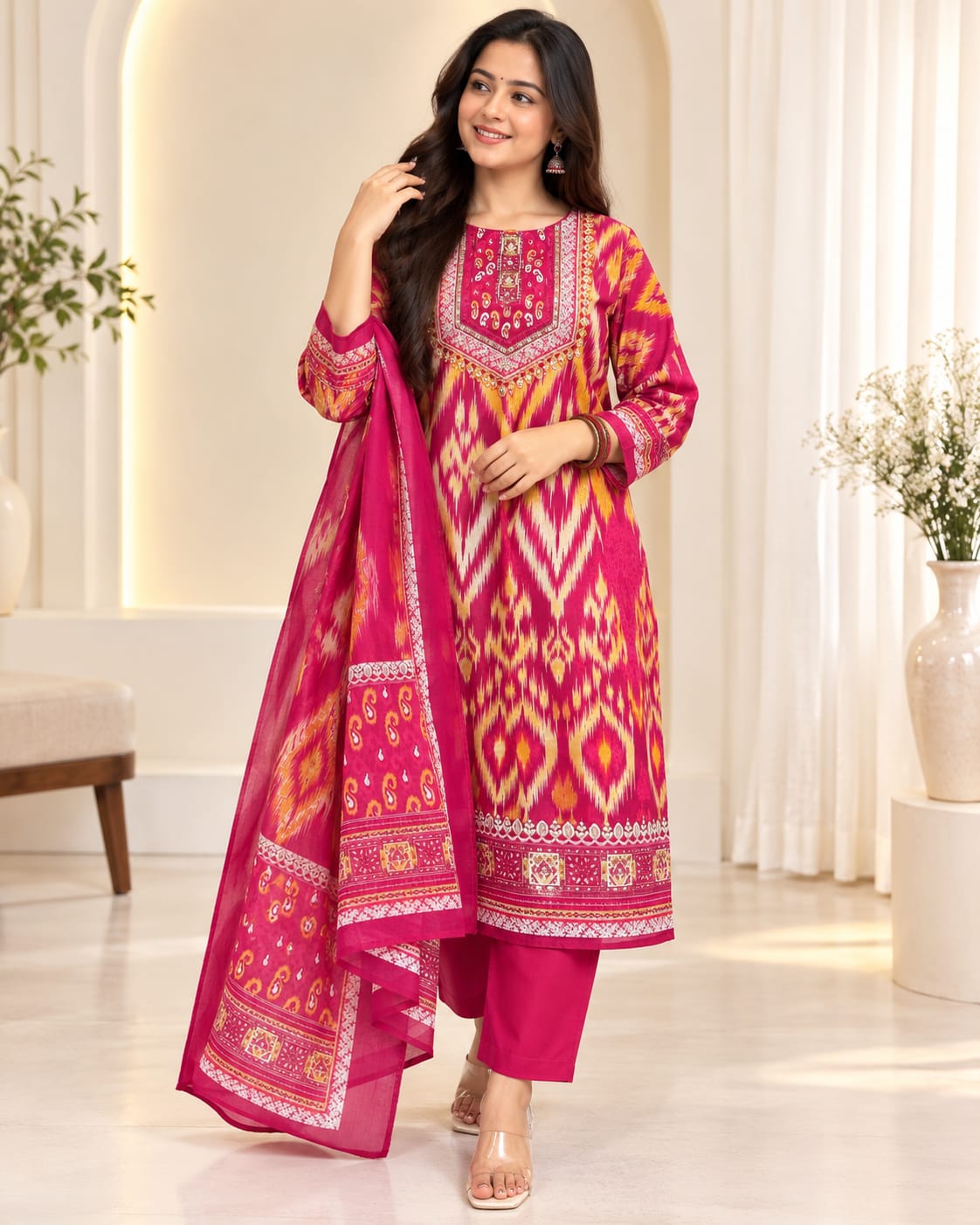 Magenta Pink Kanchi Cotton Printed Suit Set with Jacquard Dupatta