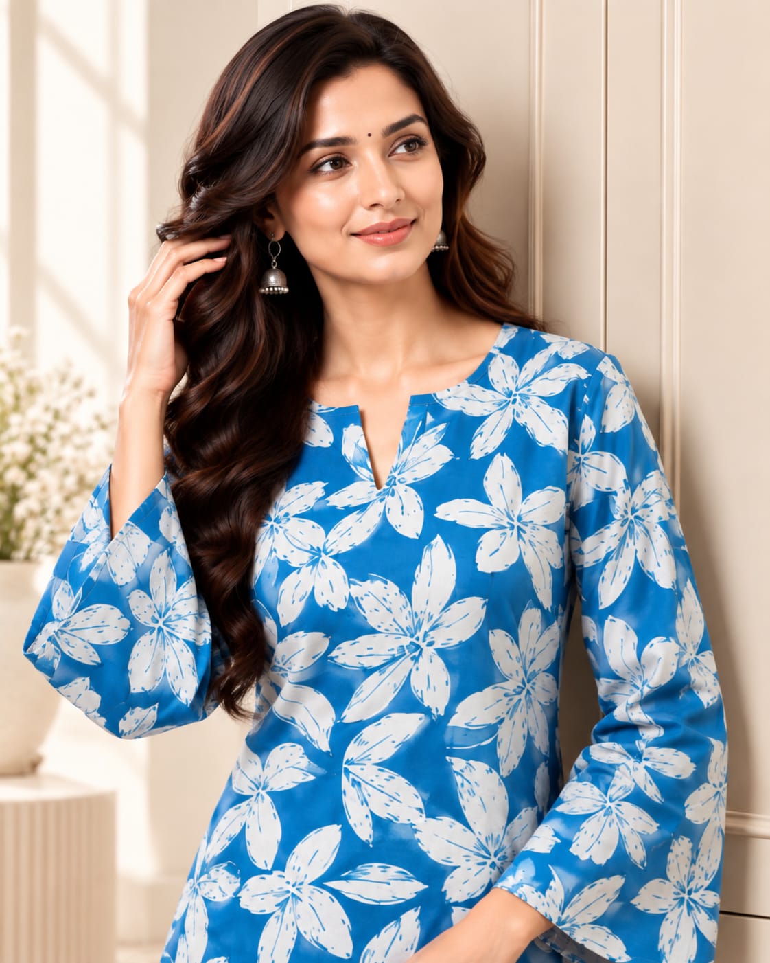 Blue Floral Cotton Stitched Farsi Salwar Suit Set - View 3