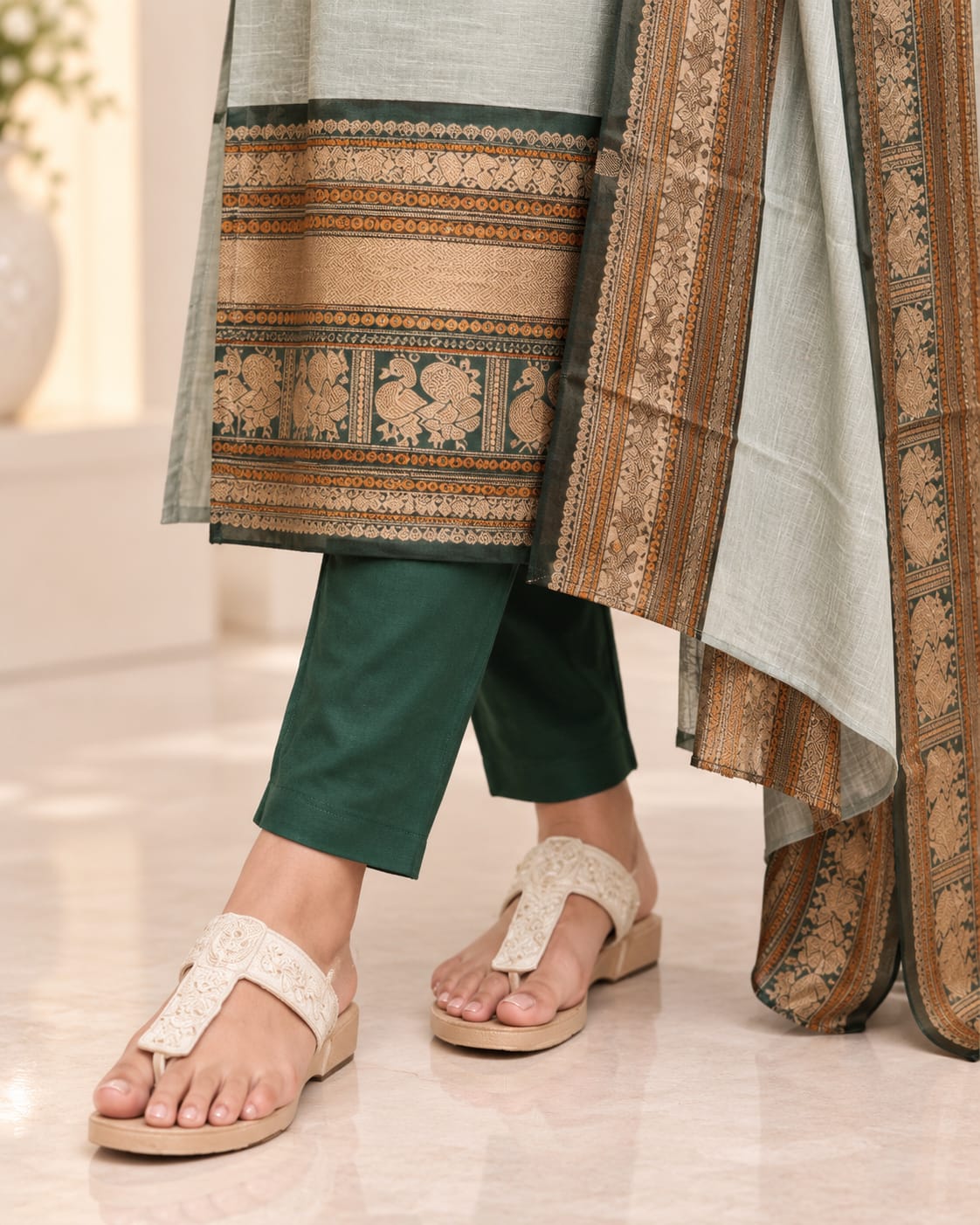Pure Kanchi Cotton Printed Suit Set with Zari Jacquard Dupatta - View 2