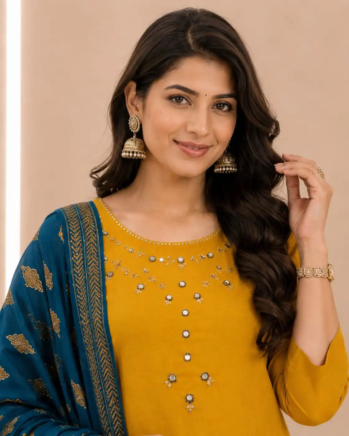 Pure Cotton Kurti Pant Set with Mulmul Dupatta - View 3