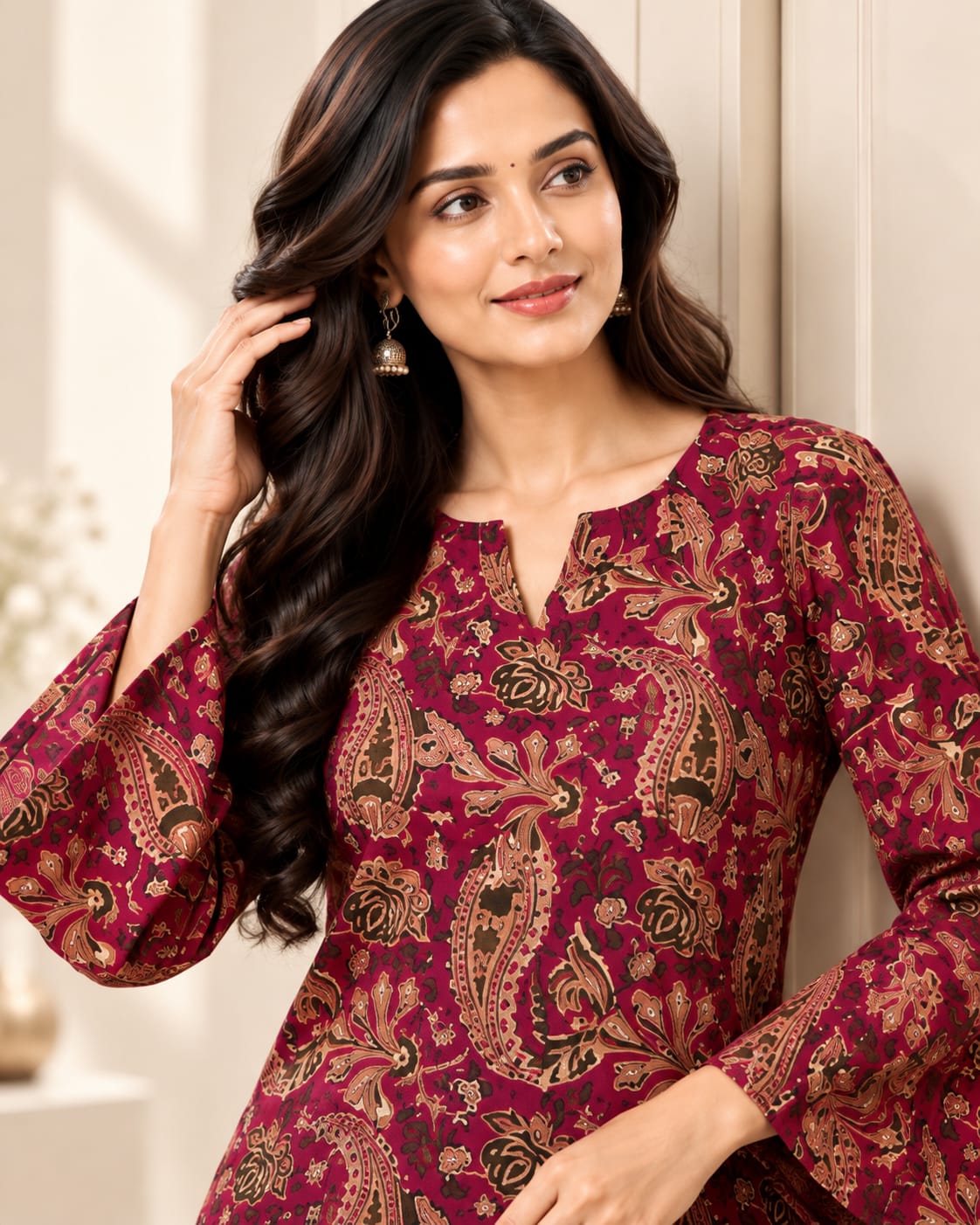 Maroon Paisley Print Cotton Stitched Farsi Salwar Suit - View 2