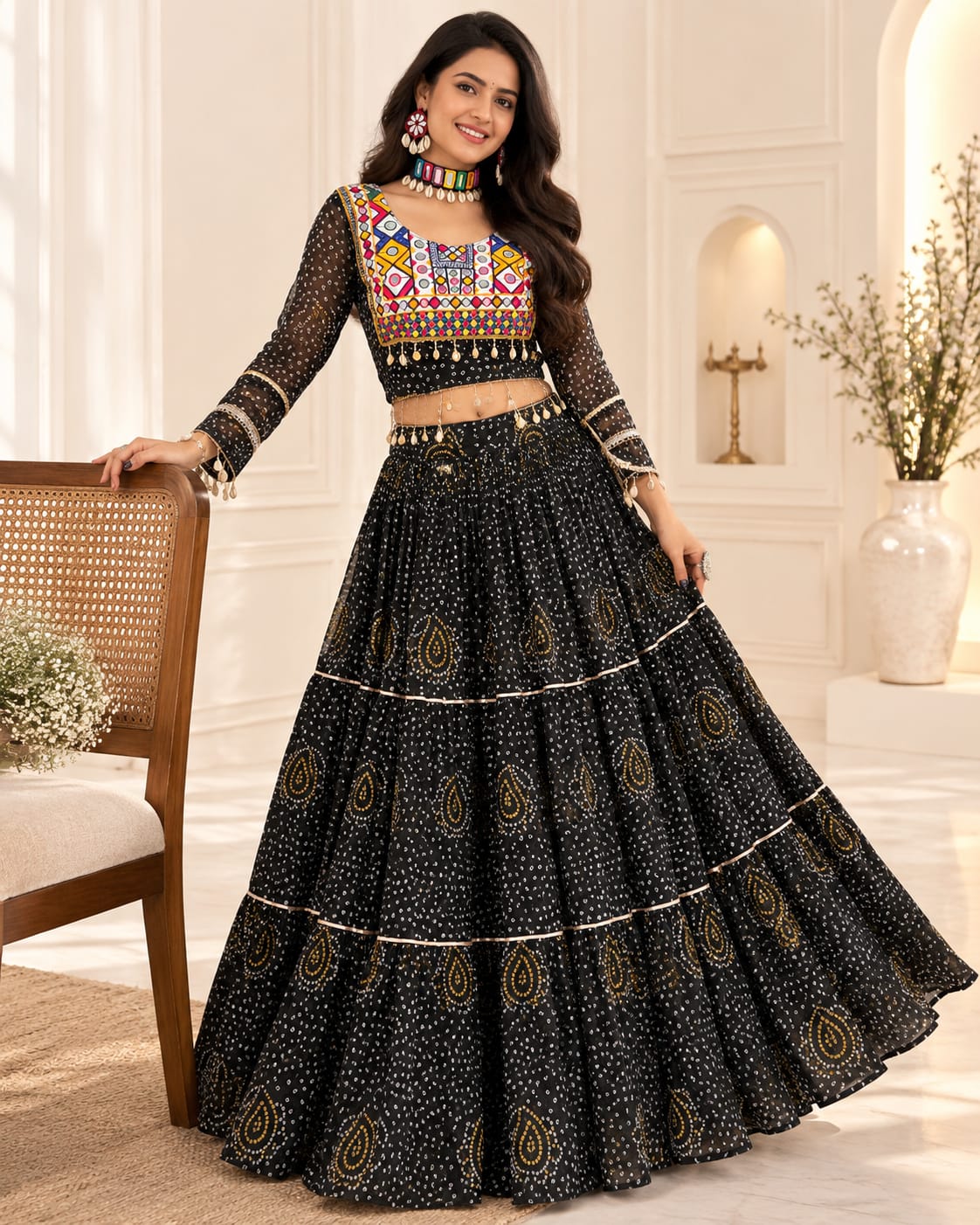 Black Navratri Special Fox Georgette Lehenga Choli Set
