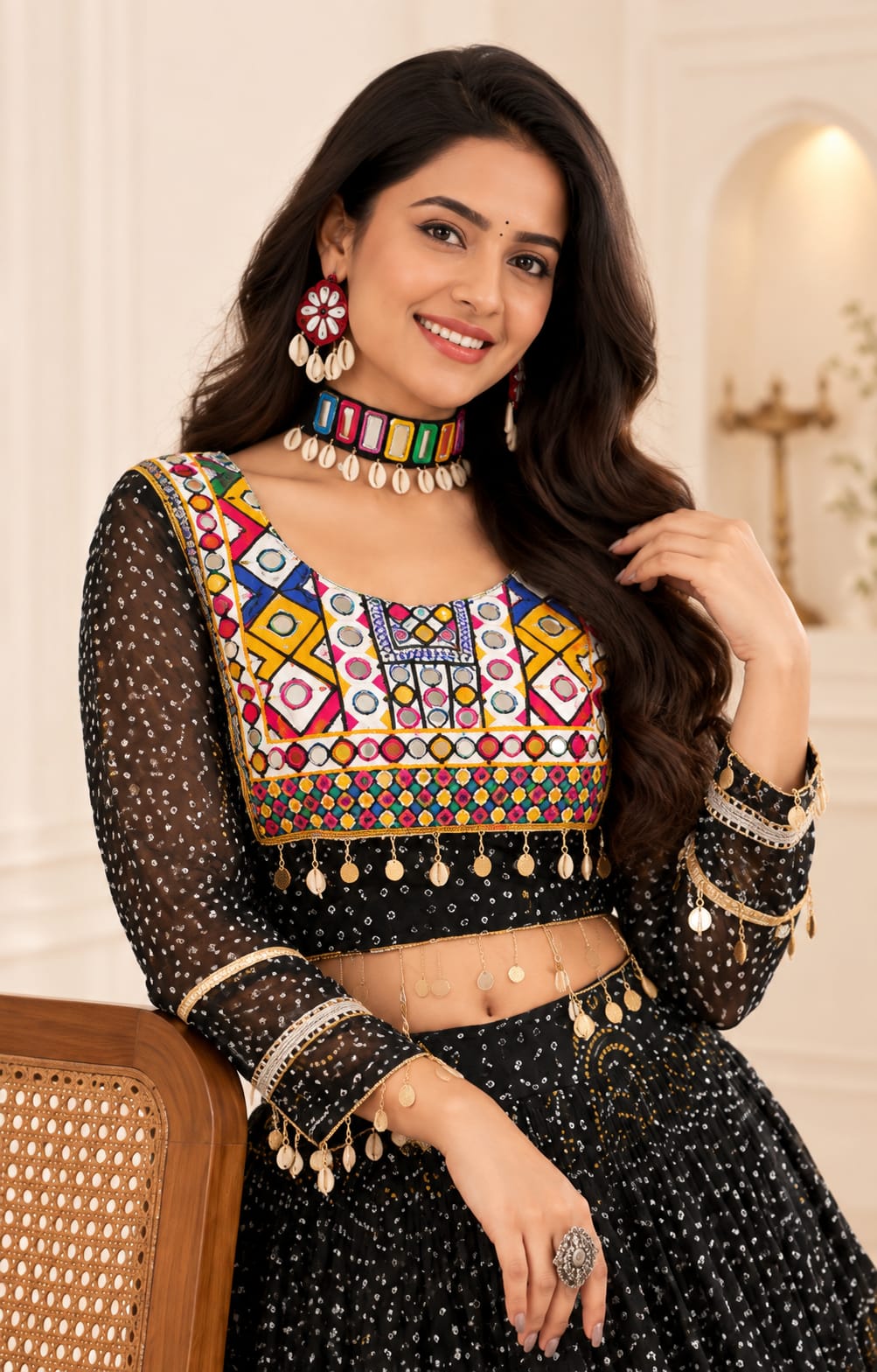 Black Navratri Special Fox Georgette Lehenga Choli Set - View 2