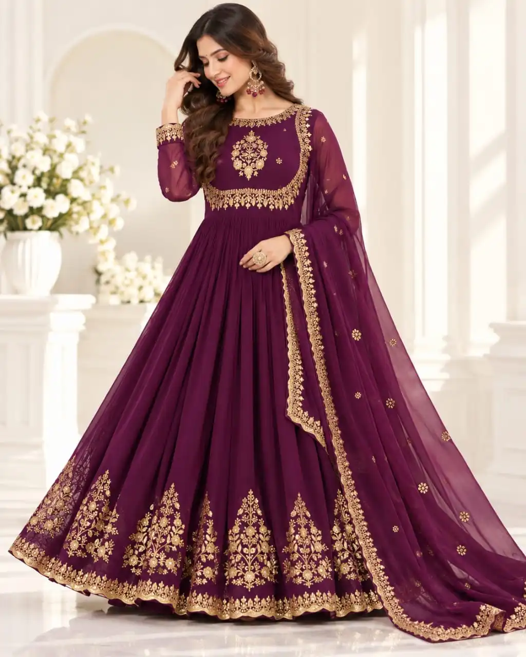 Deep Plum Faux Georgette Embroidered Gown Set | Designer Readymade Gown