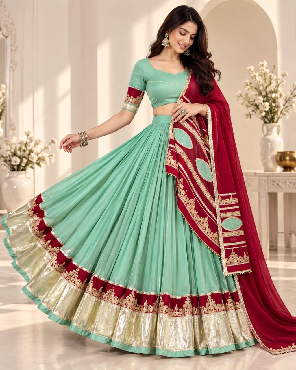 Mint Green and Maroon Navratri Special Rayon Lehenga Choli Set - View 3