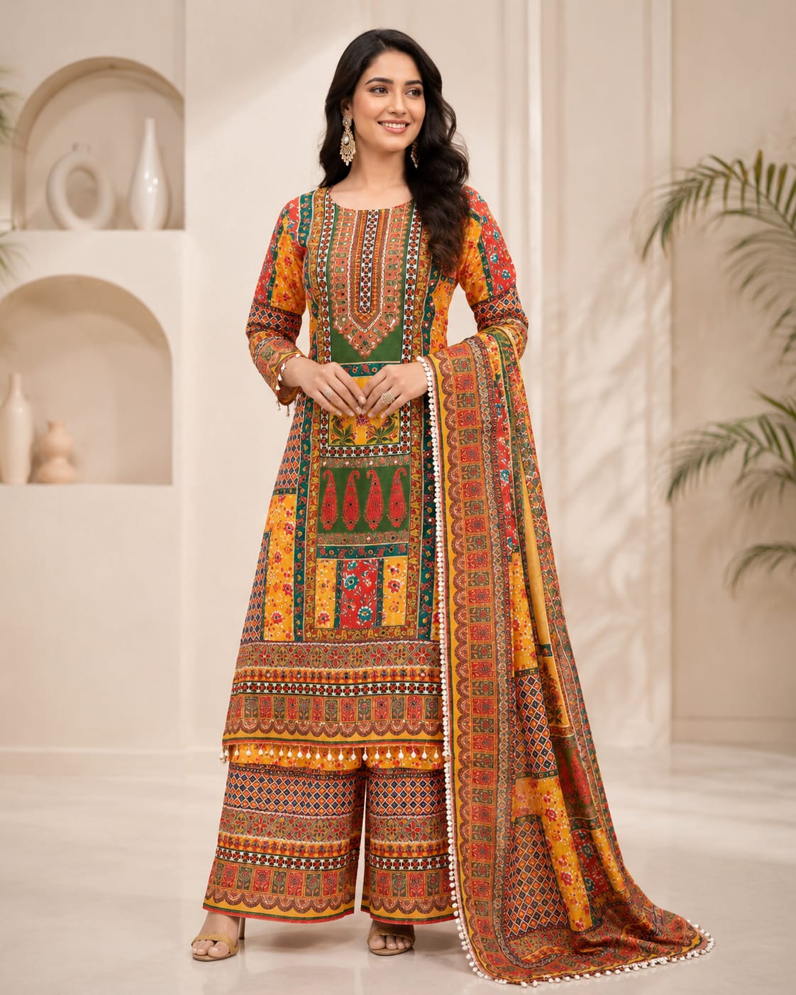 Multicolor Muslin Pakistani Style Kurti Set with Dupatta