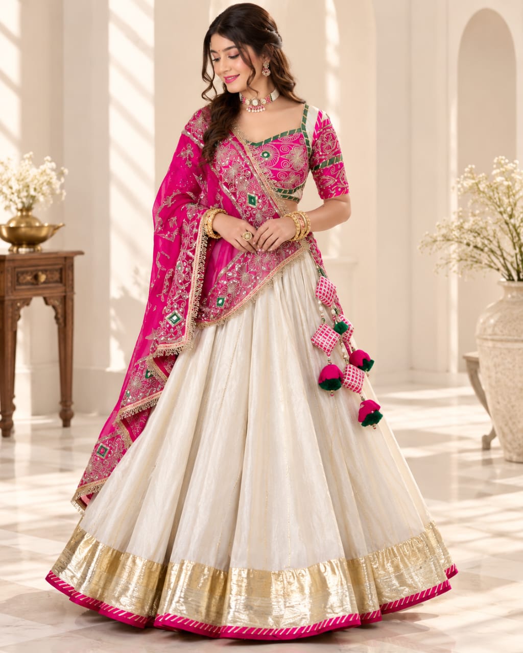 Navratri Special White & Pink Roman Silk Lehenga Choli Set