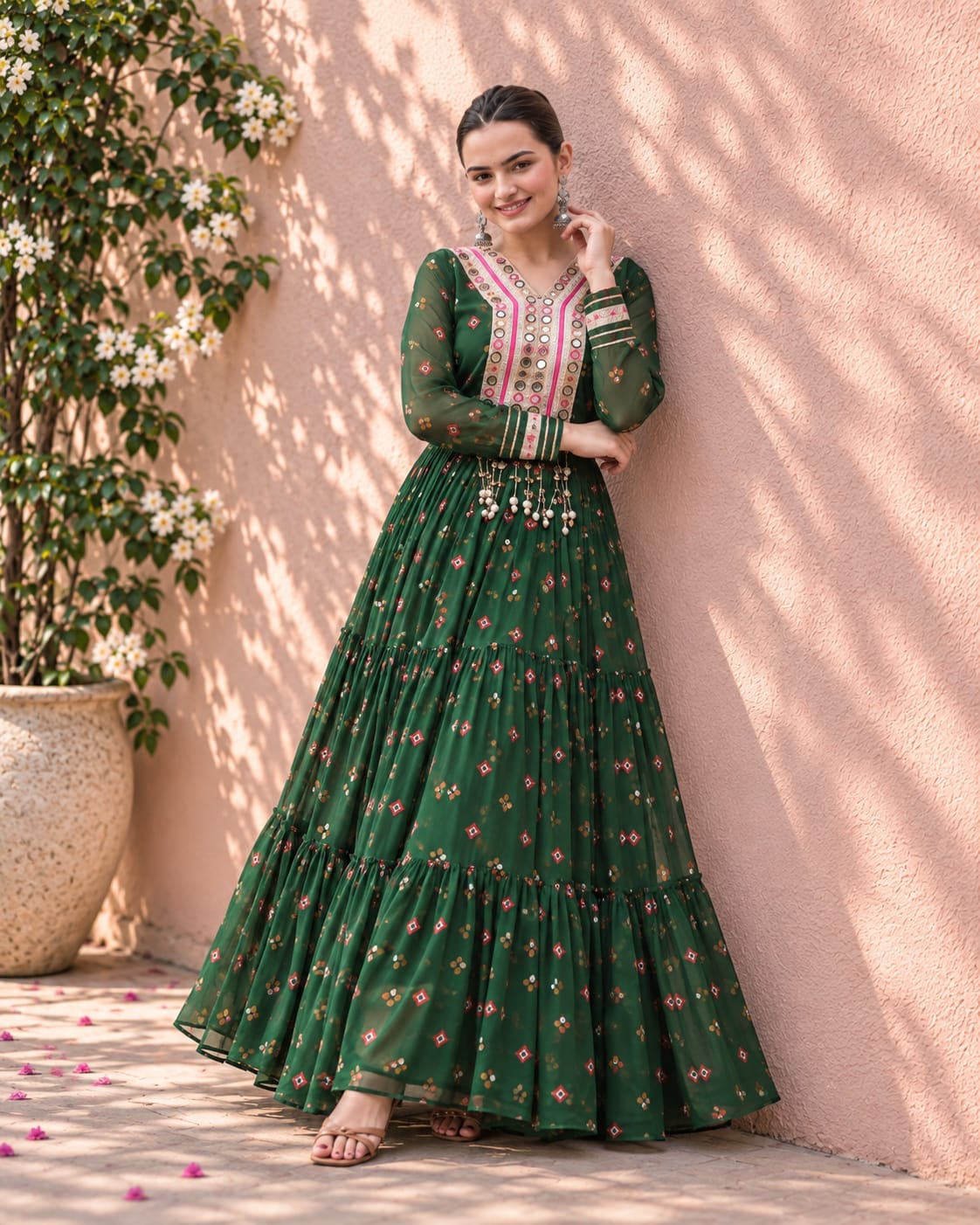 Dark Green Georgette Navratri Gown with V-Neck Mirror Work - View 2