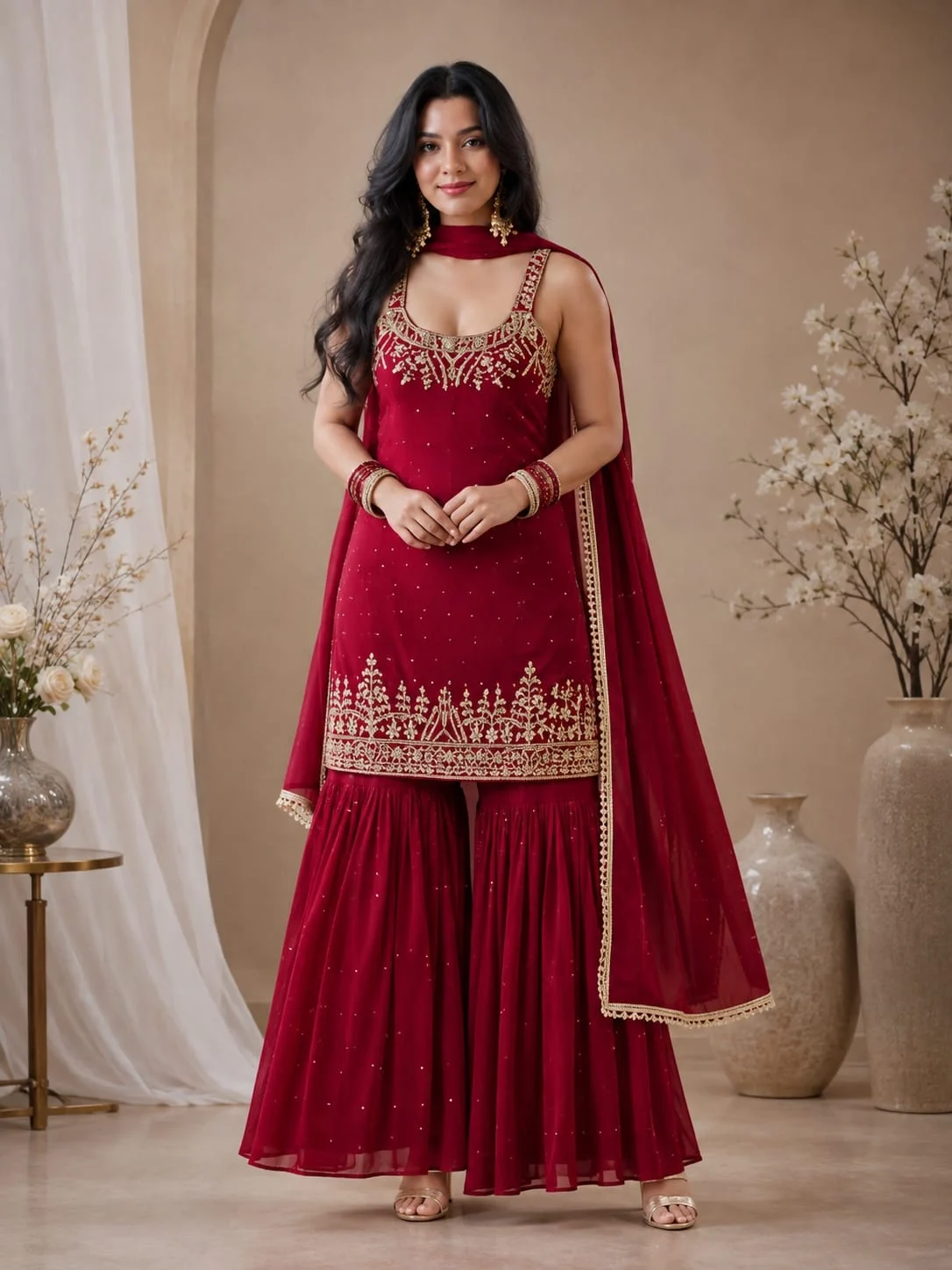 Faux Georgette Red Top Palazzo & Dupatta Set