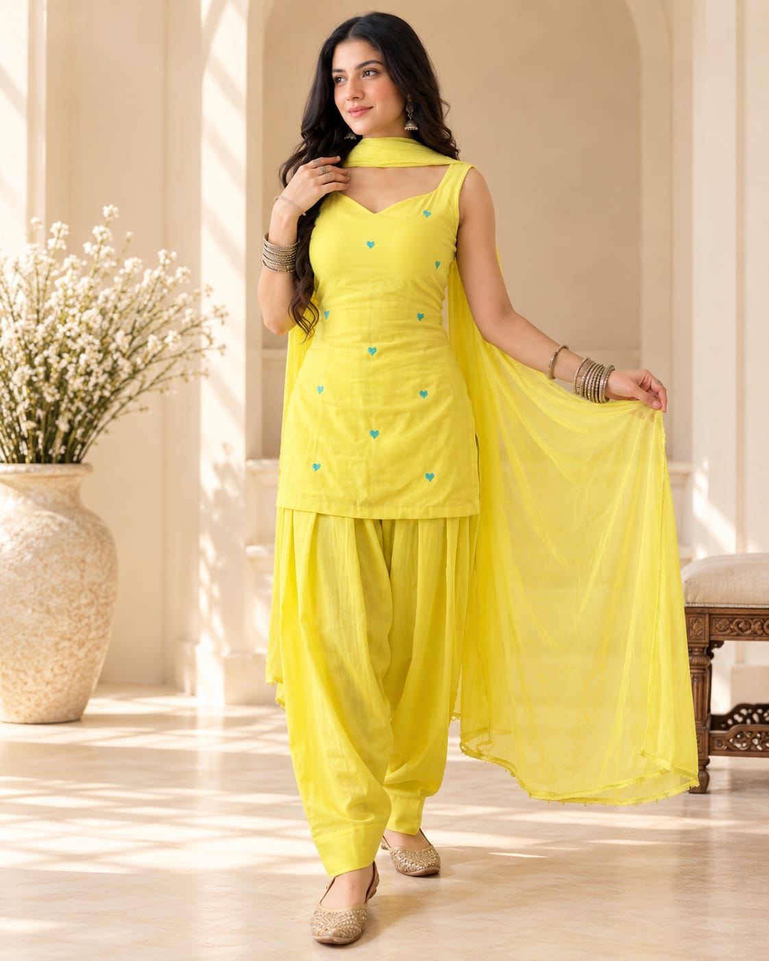 Yellow Pure Cotton Original Farshi Salwar Suit Set - View 2