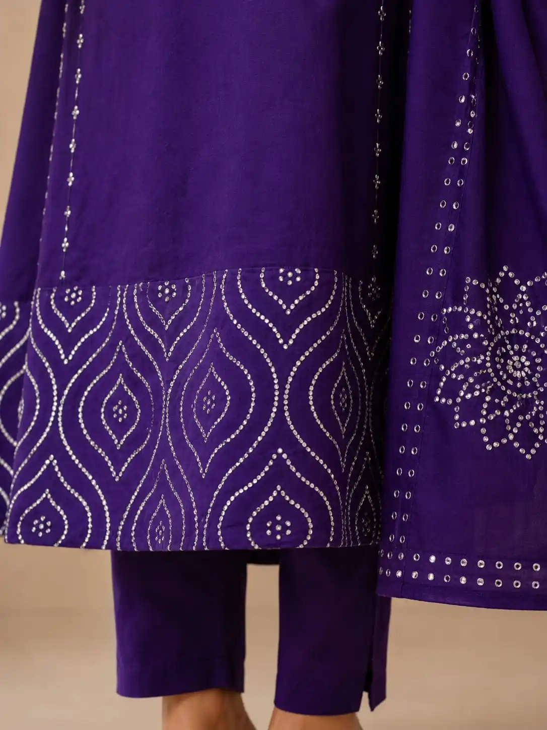 Purple Printed Cotton Anarkali Kurta With Dupatta - View 3