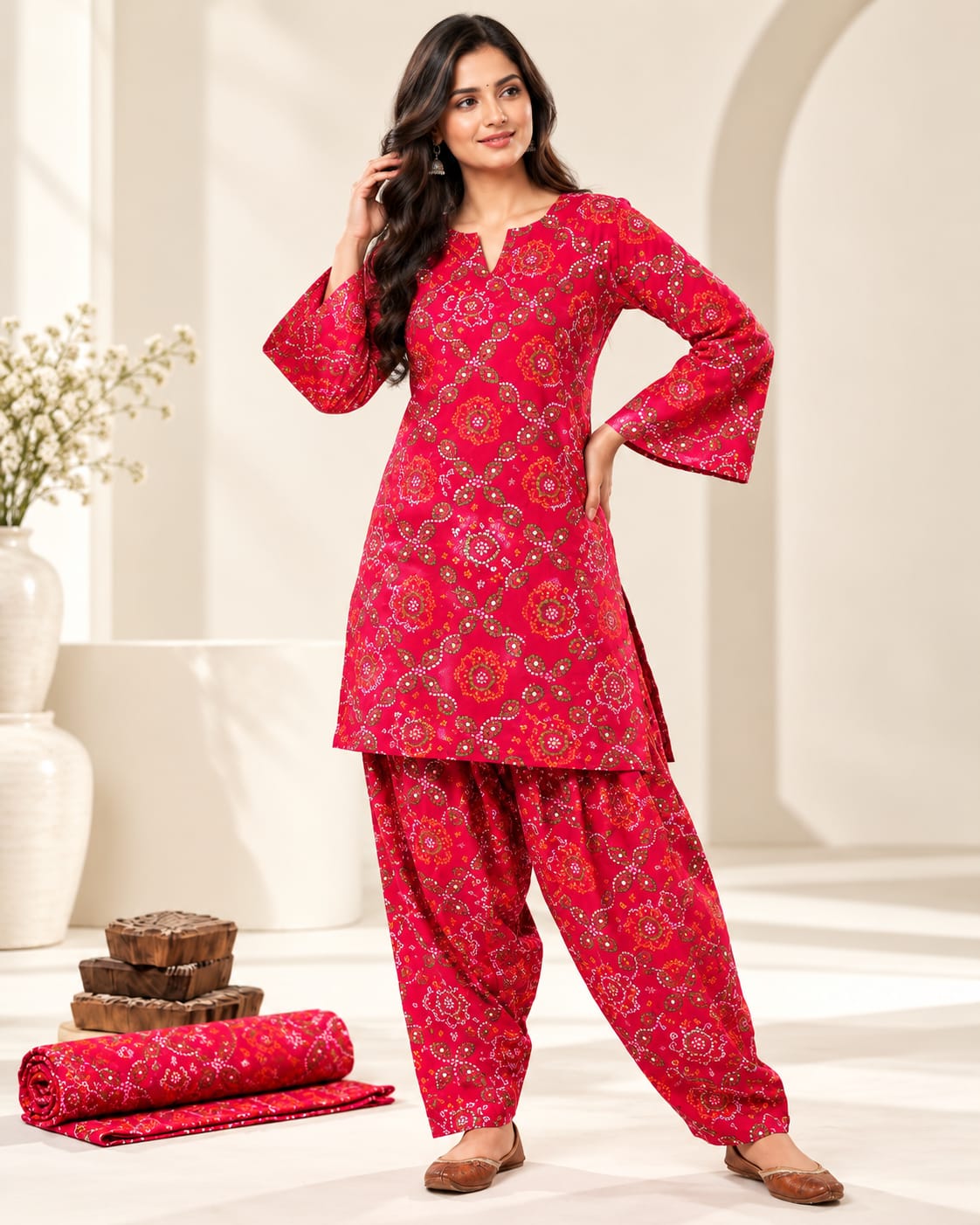 Red Cotton Leheriya Printed Stitched Farsi Salwar Suit Set - View 3