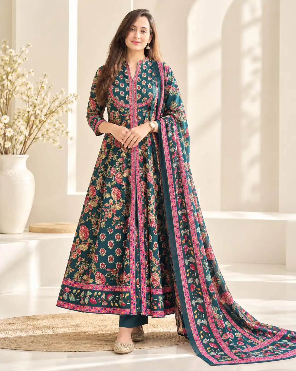 Buy Printed Cotton Shrug Style Anarkali Suit Set Online | 3-Piece Ethnic Wear