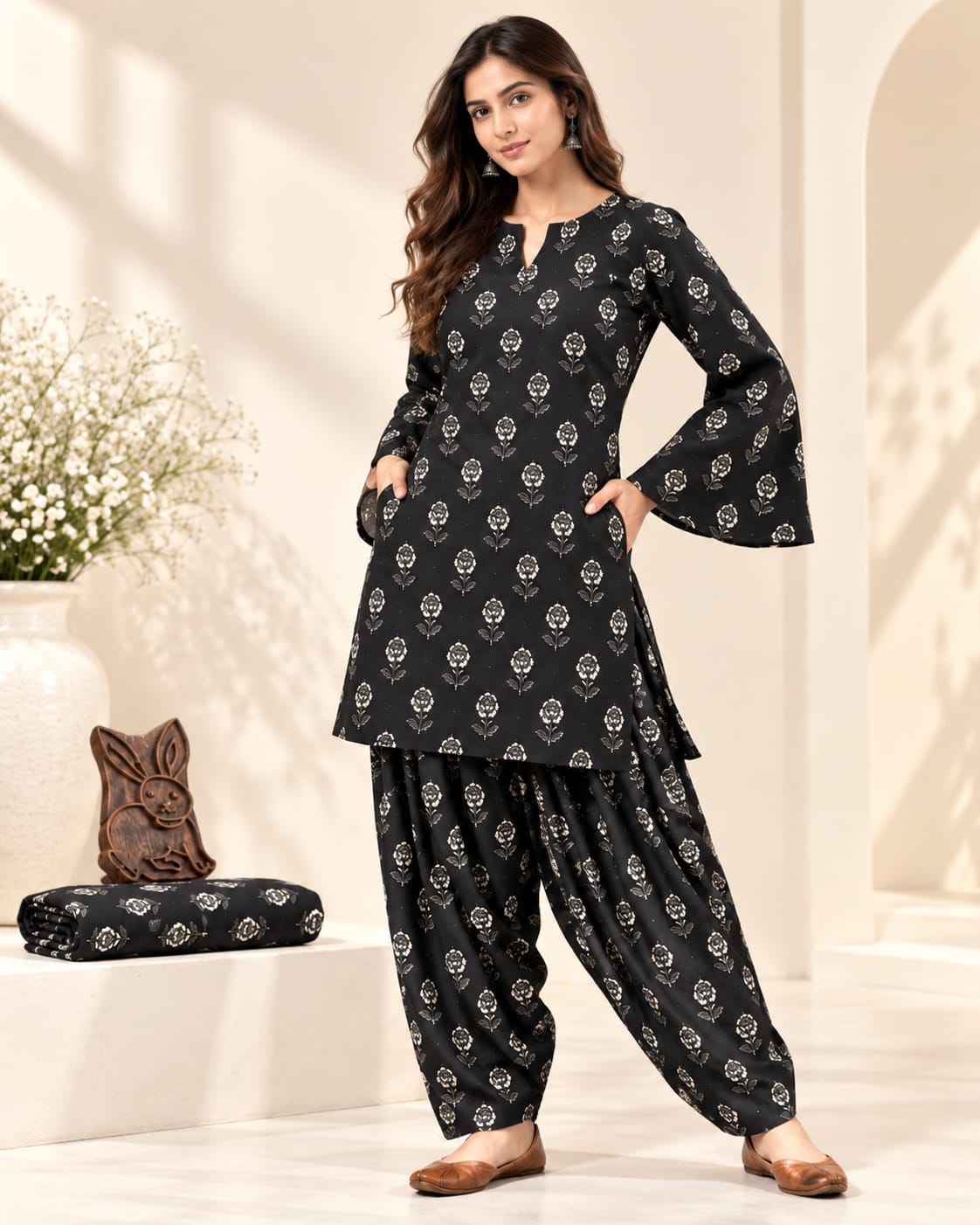 Black Floral Print Cotton Stitched Farsi Salwar Suit