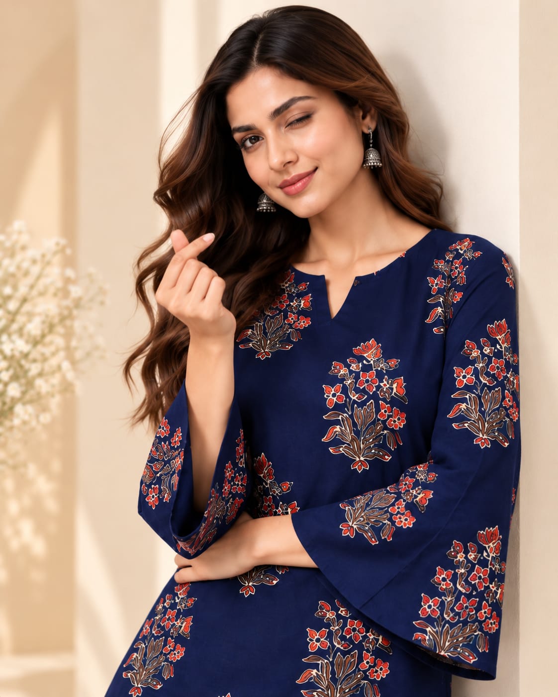 Royal Blue Floral Print Cotton Stitched Farsi Salwar Suit - View 3