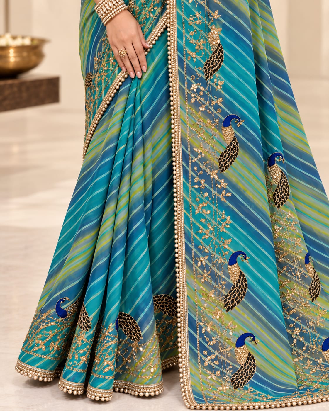 Blue & Green Leheriya Georgette Saree with Peacock Motifs | No Blouse - View 3