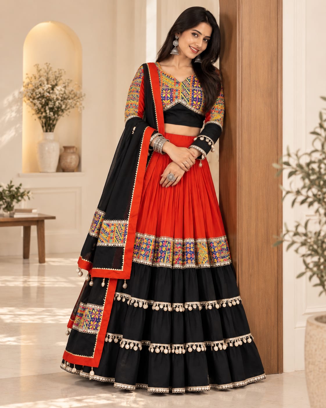 Black and Red Pure Cotton Navratri Special Lehenga Choli Set