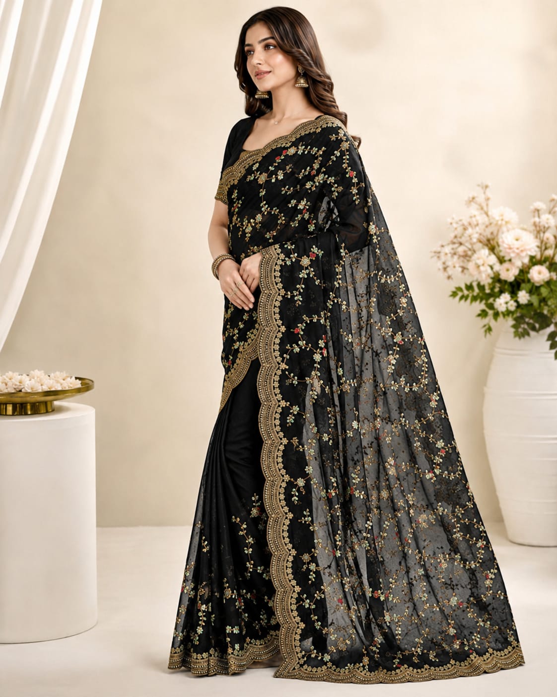 Black Fandy Silk Designer Saree with Stitched Blouse - View 3