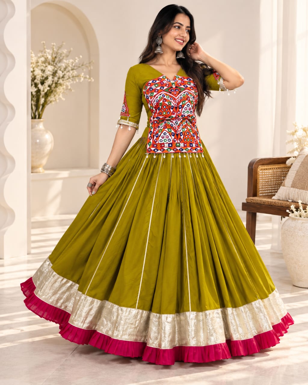 Pure Cotton Navratri Special Gamthi Work Lehenga Choli Set - View 1