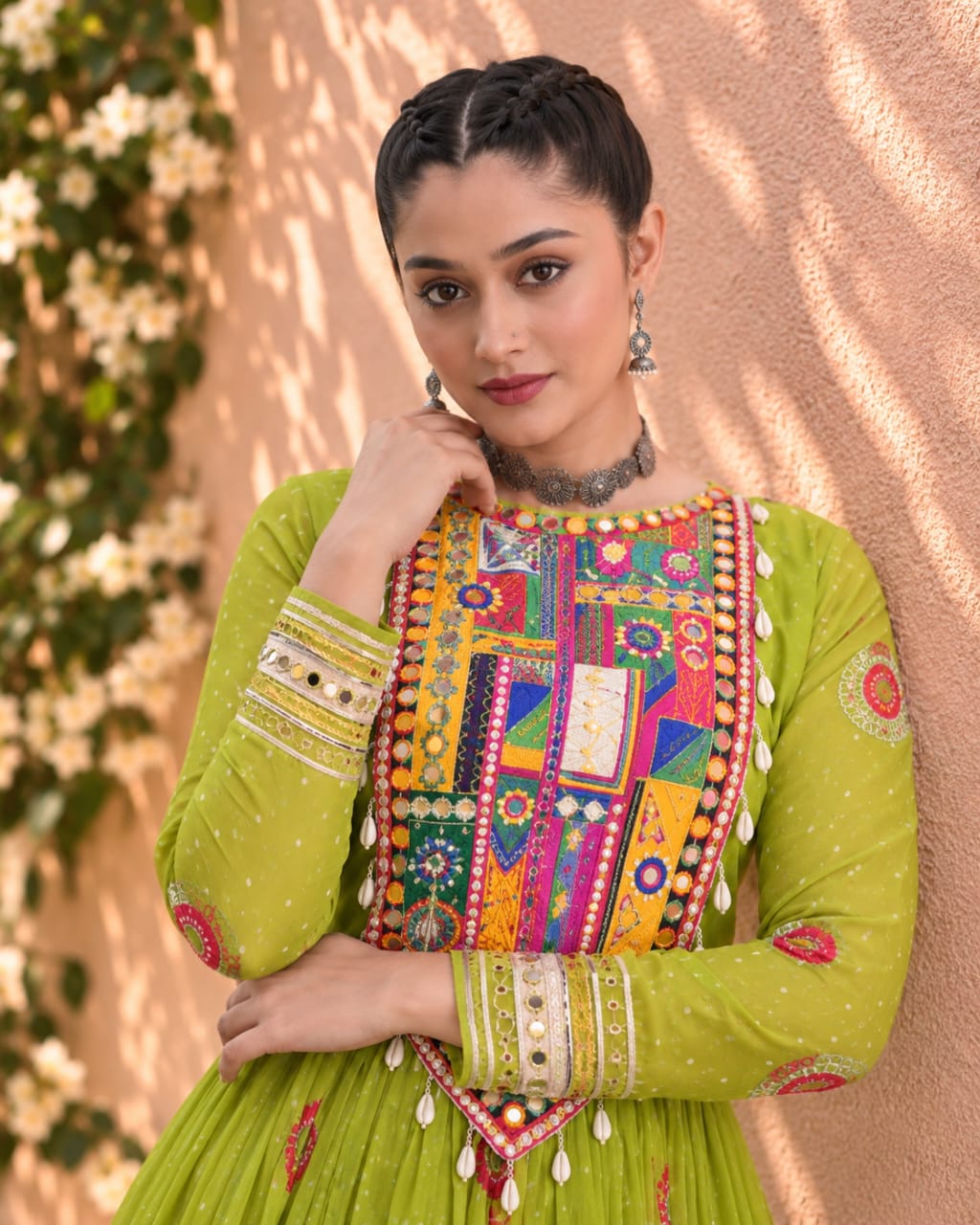 Green Georgette Navratri Special Bandhani Print Gown with Mirror Work - View 2